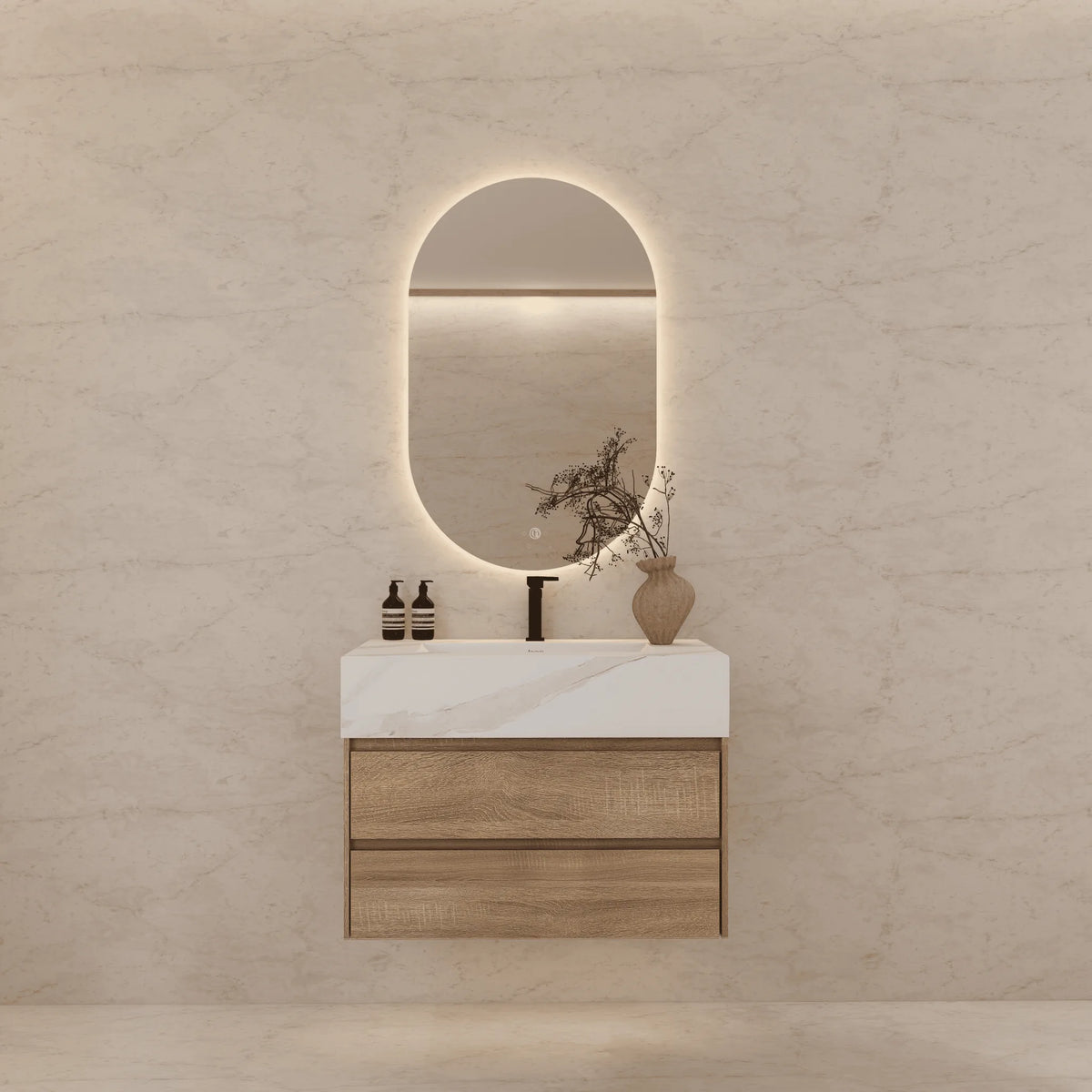 Aventino 40-inch White Carrara modern floating single-sink vanity — sintered stone top