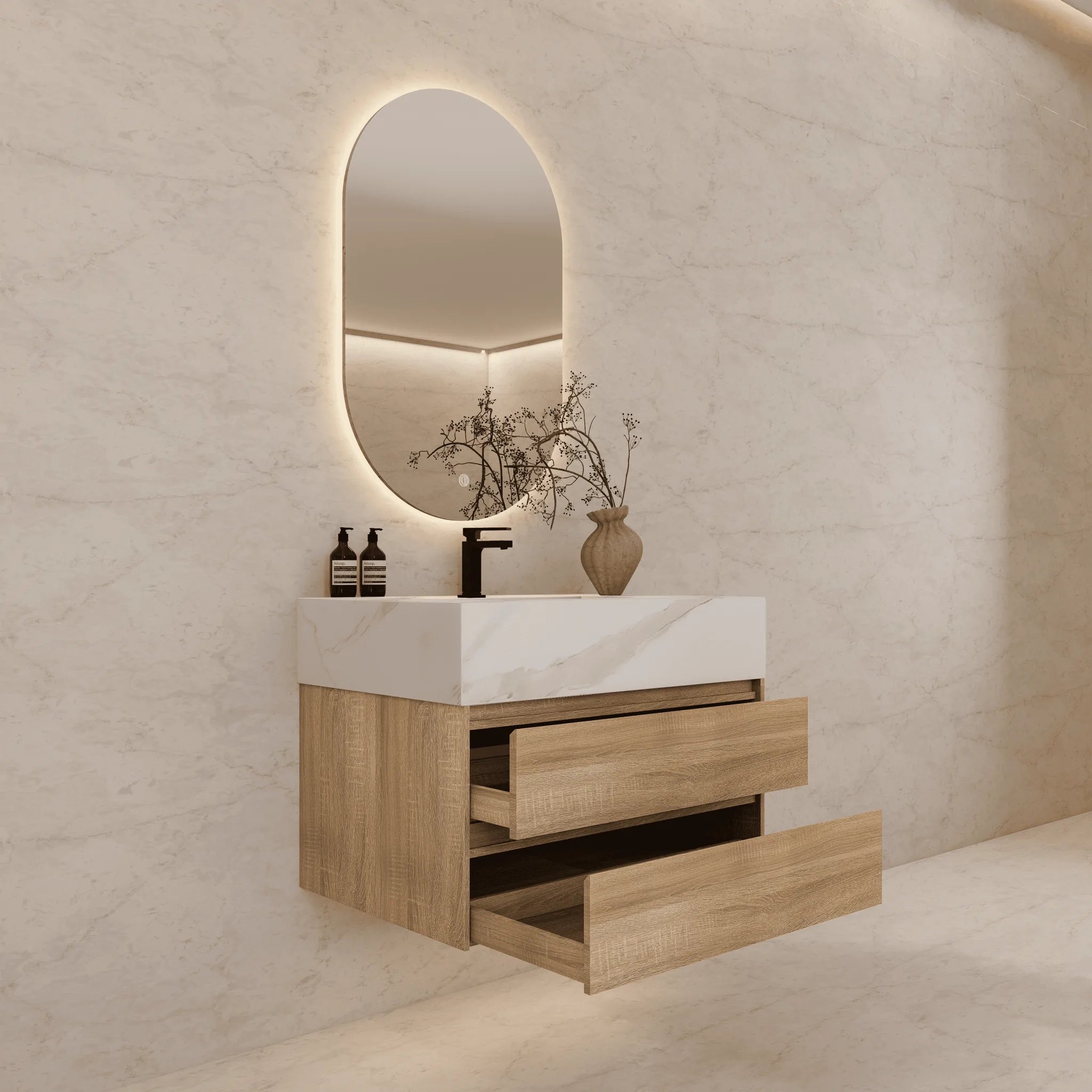 Aventino 32"–40" Nature Oak Floating Single-Sink Vanity with Sintered Stone Top