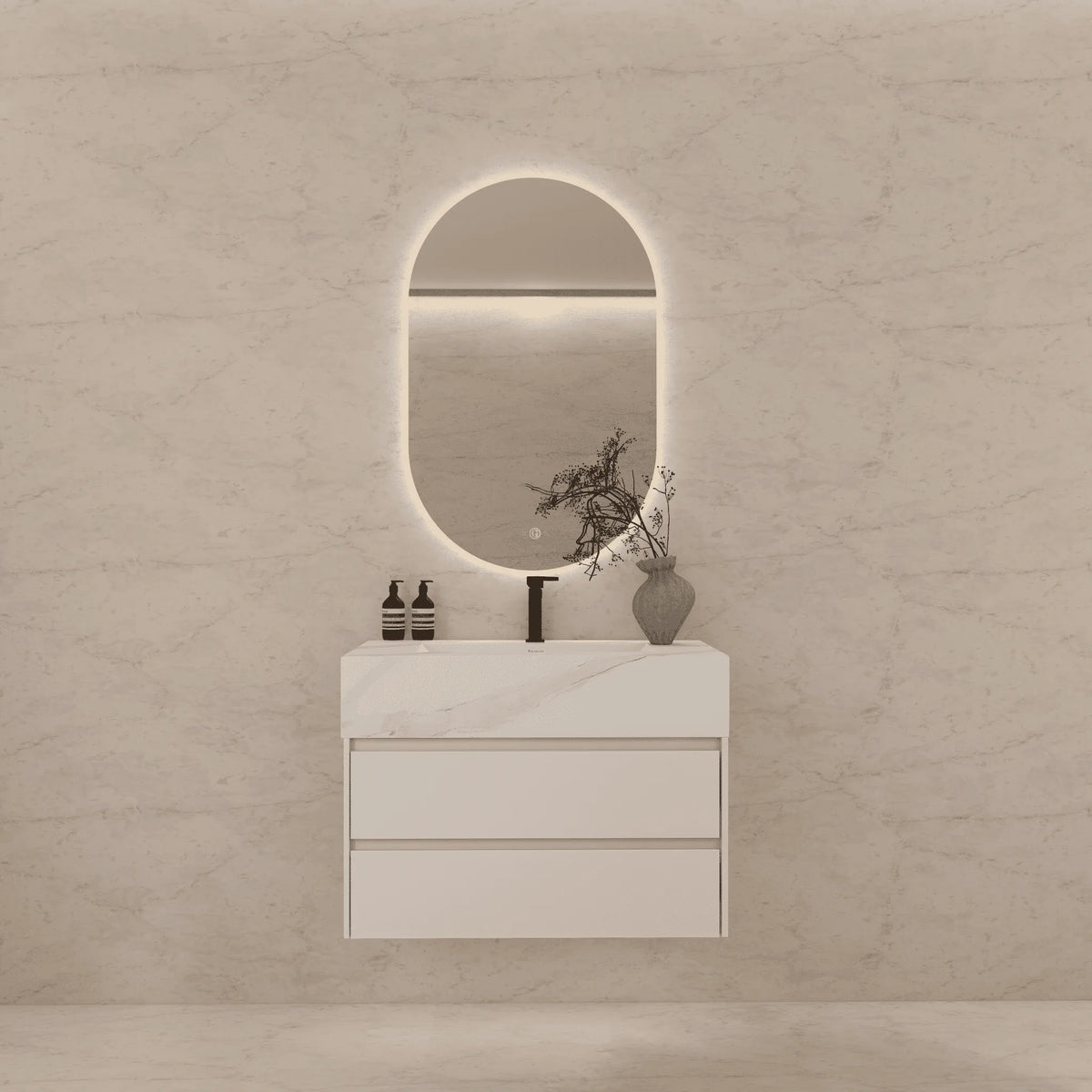 Aventino 40-inch White Carrara modern floating single-sink vanity — sintered stone top