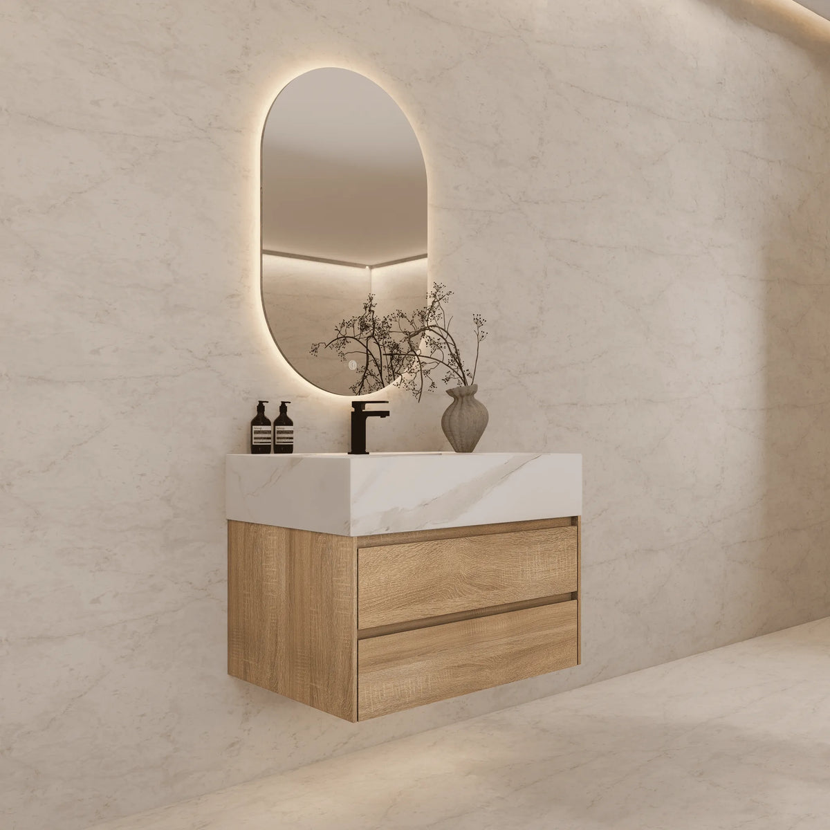 Aventino 40-inch White Carrara modern floating single-sink vanity — sintered stone top