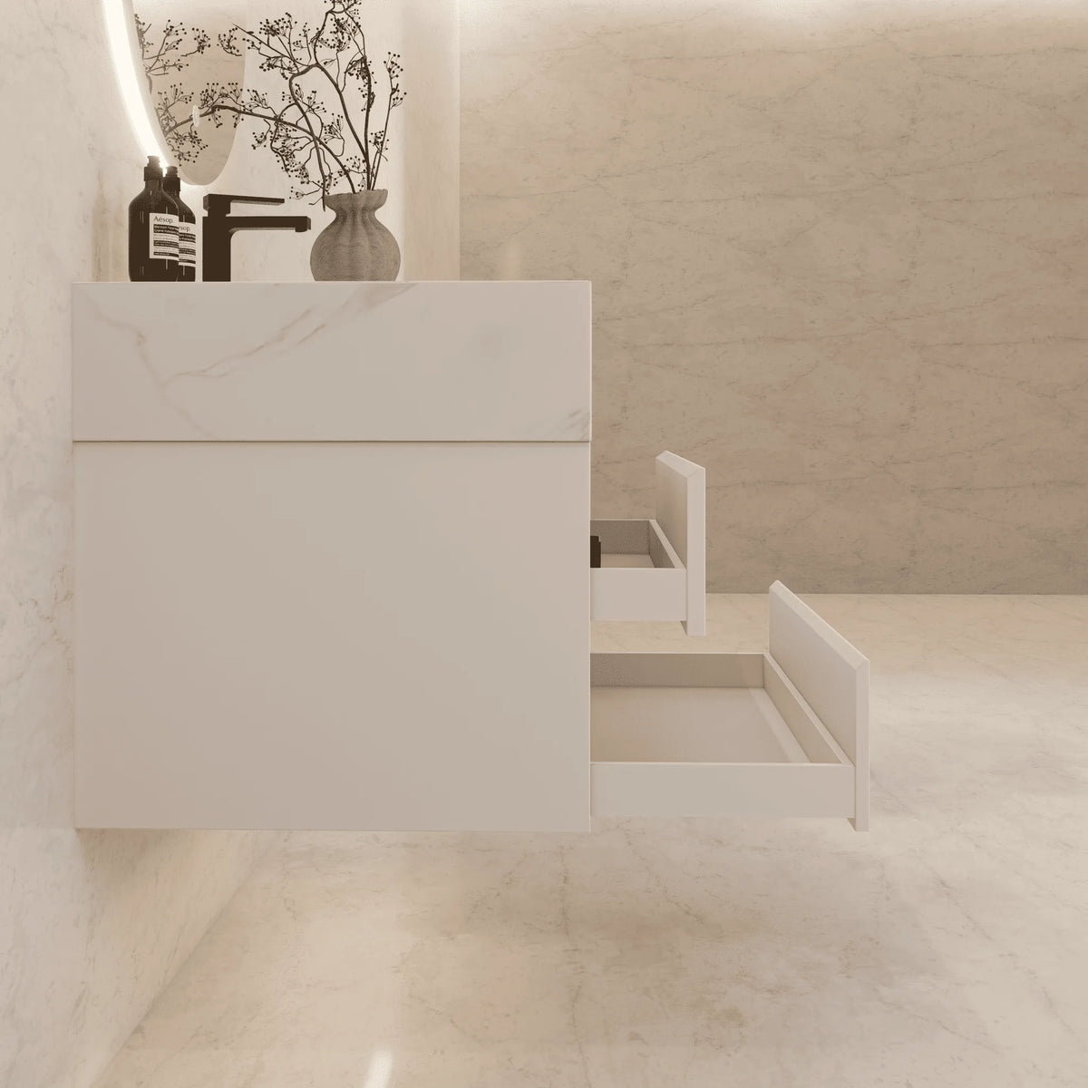 Aventino 40-inch White Carrara modern floating single-sink vanity — sintered stone top