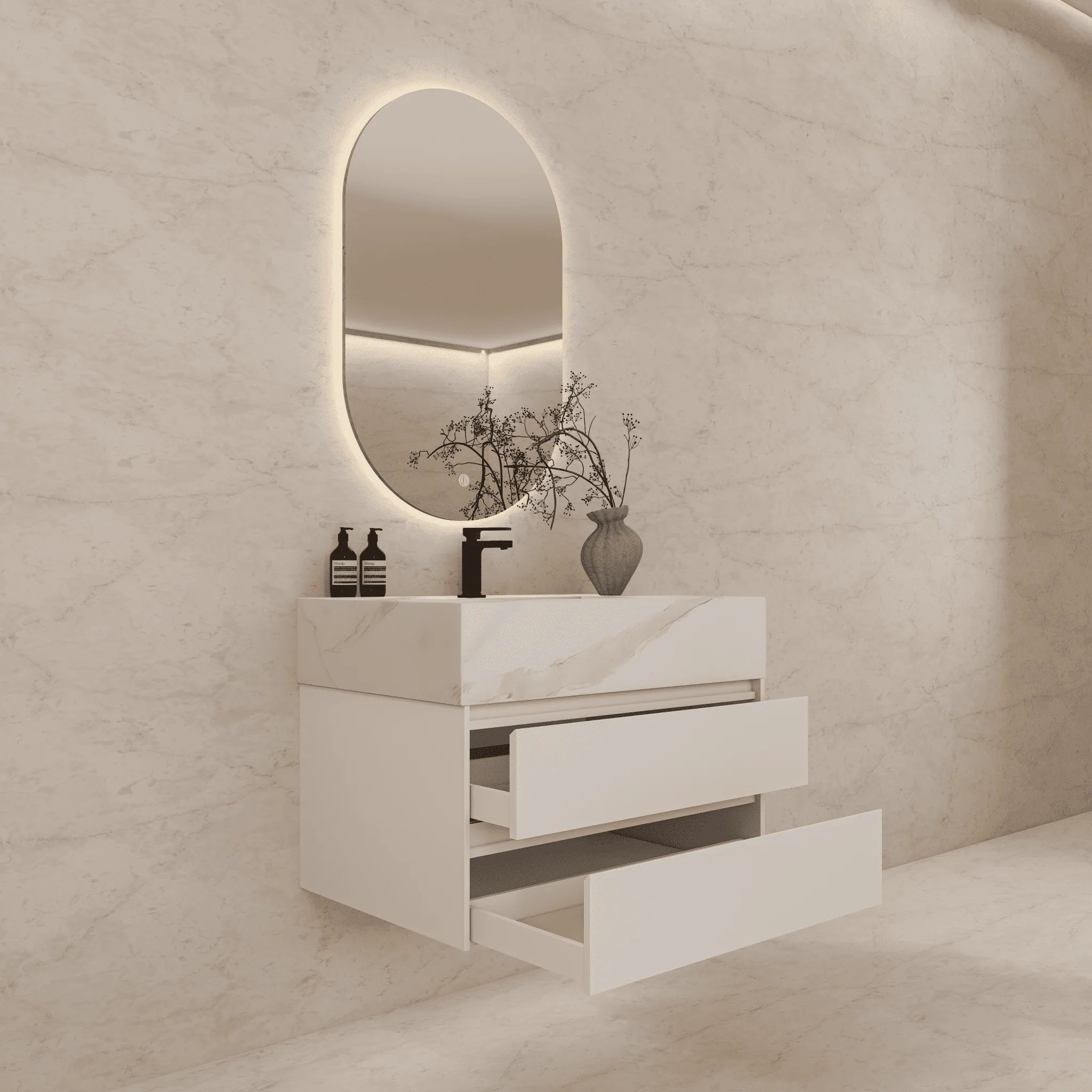 Aventino 32"–40" Nature Oak Floating Single-Sink Vanity with Sintered Stone Top