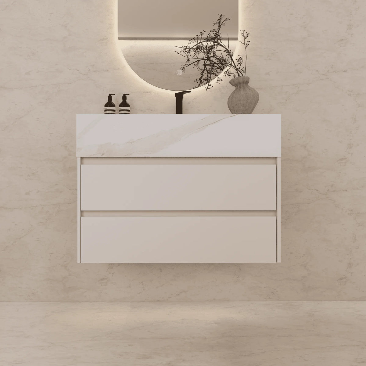 Aventino 40-inch White Carrara modern floating single-sink vanity — sintered stone top