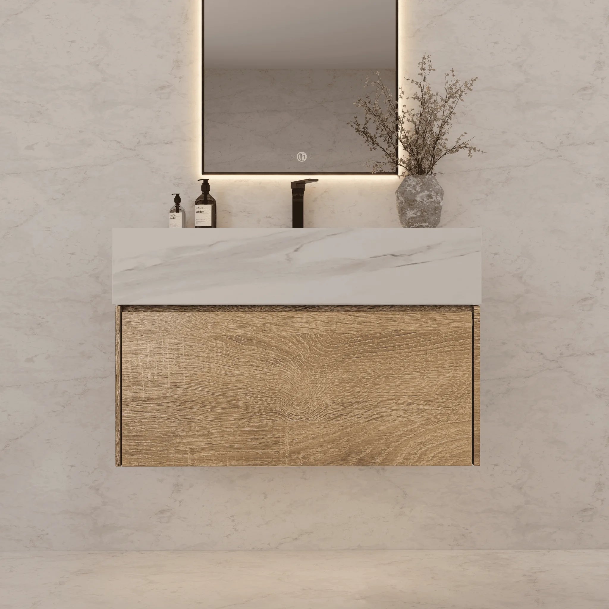 Aventino 40" Light Oak Floating Single-Sink Vanity with Sintered Stone Top