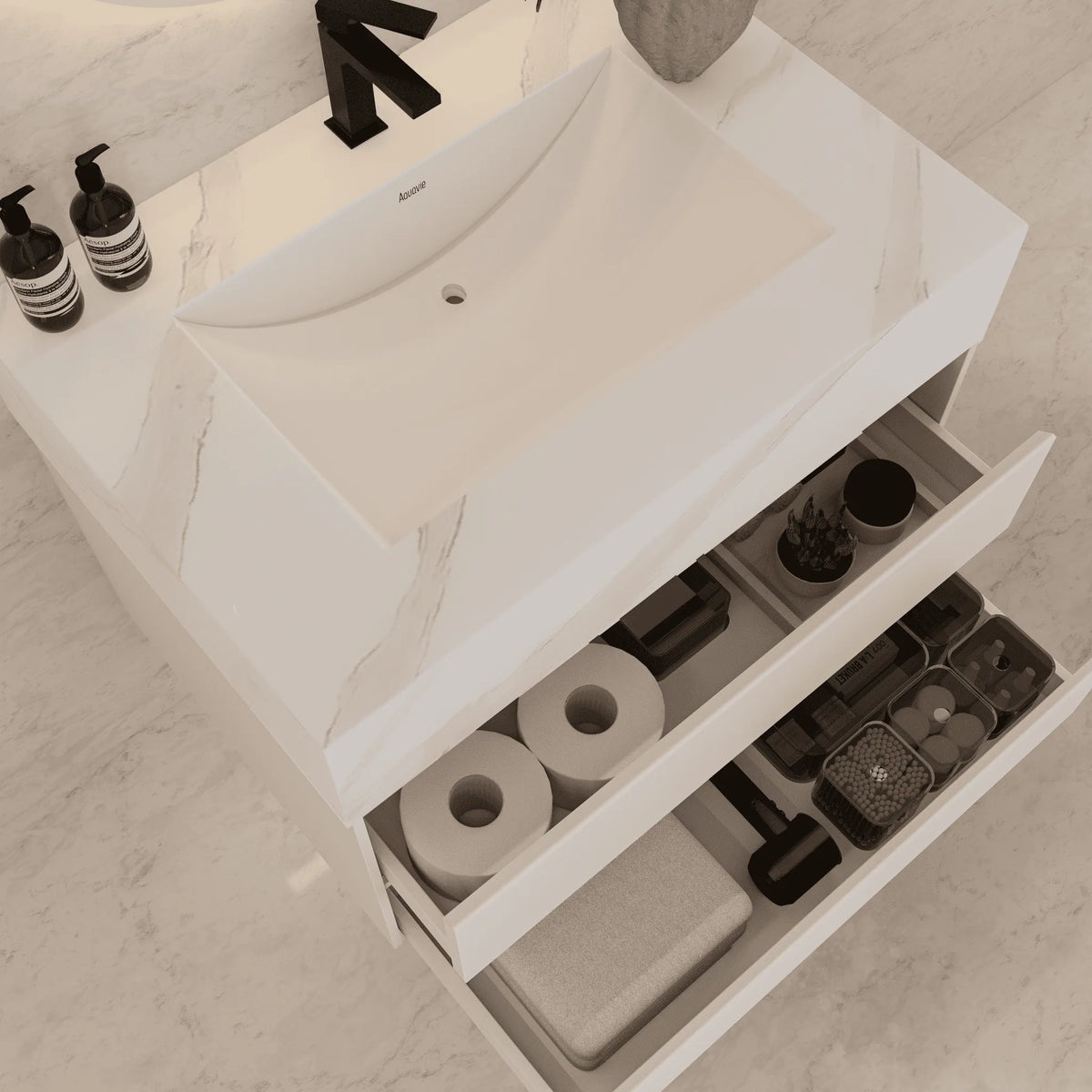 Aventino 40-inch White Carrara modern floating single-sink vanity — sintered stone top
