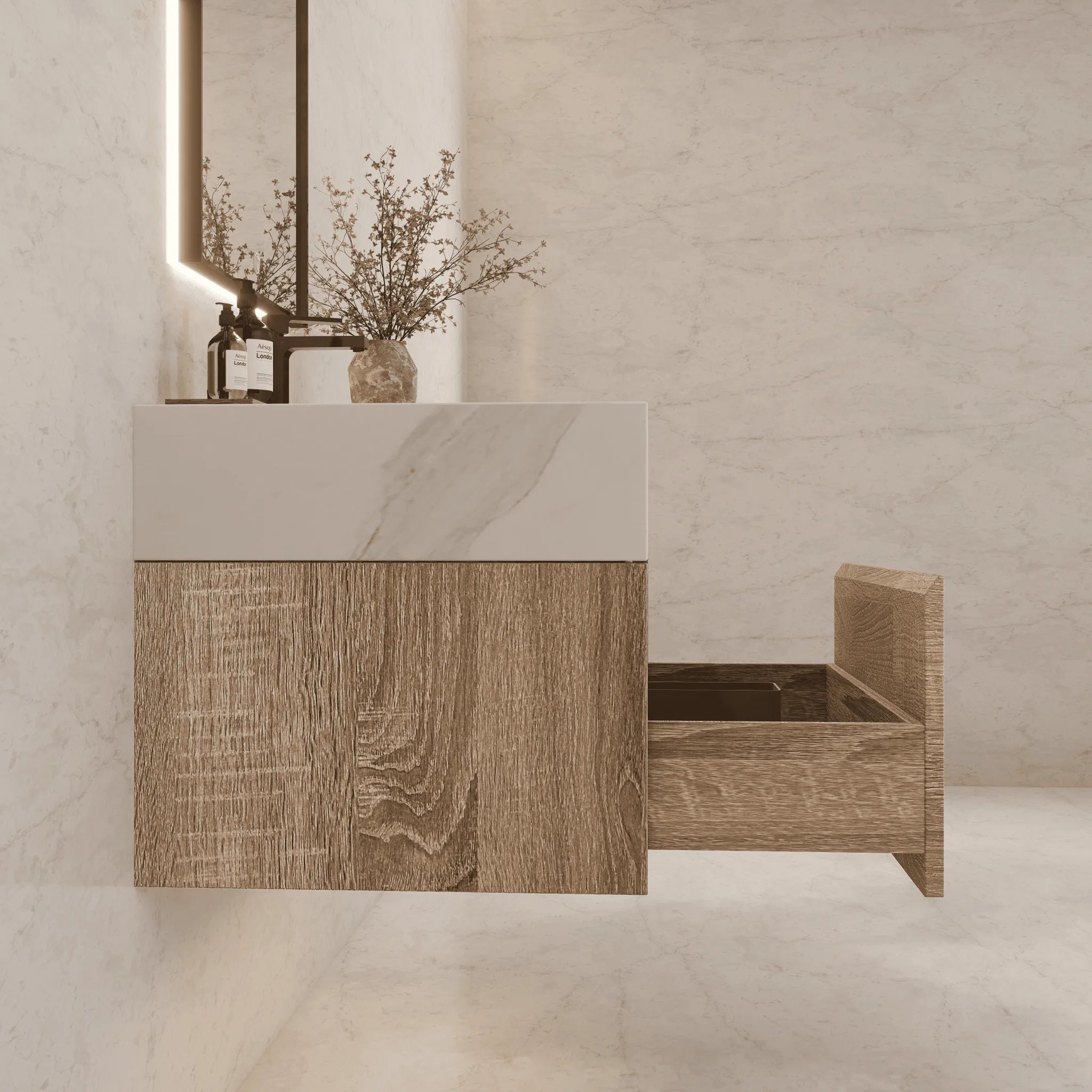 Aventino 40" Light Oak Floating Single-Sink Vanity with Sintered Stone Top
