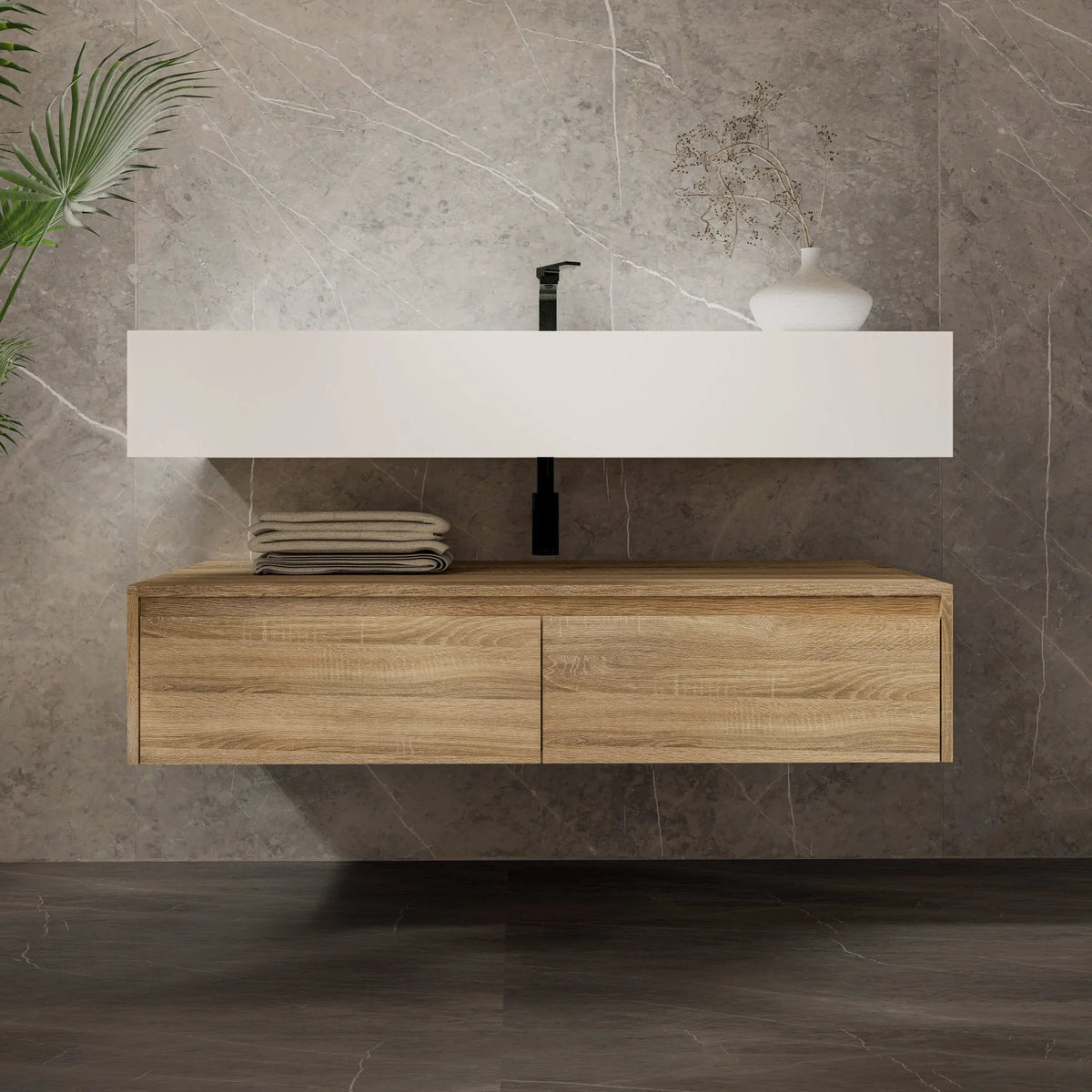 Aventino 60-inch Pure White flat-panel floating single-sink vanity — sintered stone top
