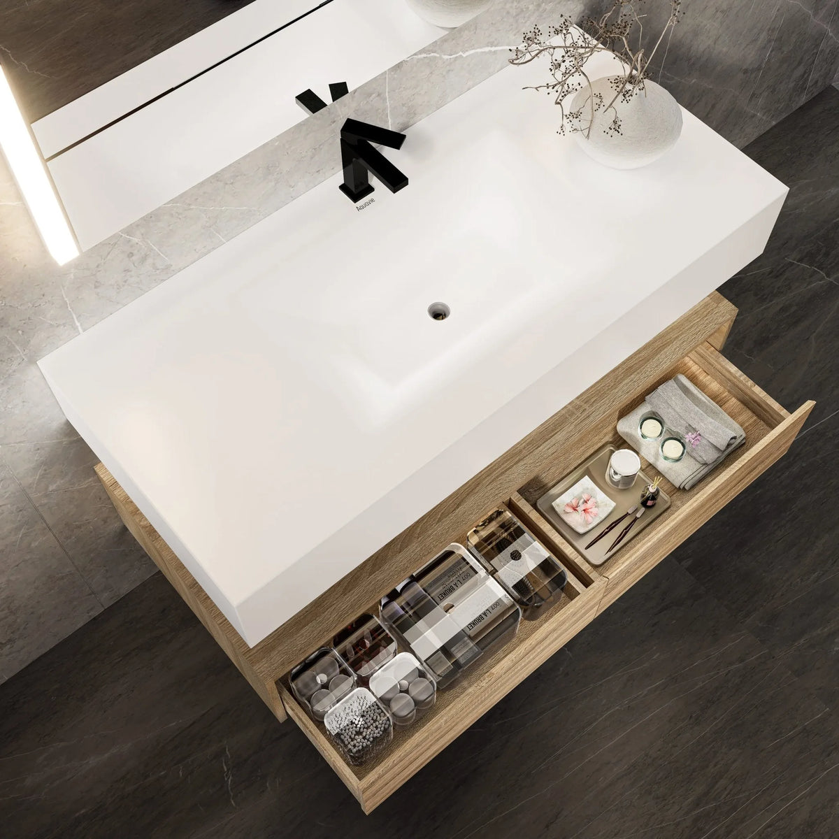 Aventino 60-inch Pure White flat-panel floating single-sink vanity — sintered stone top