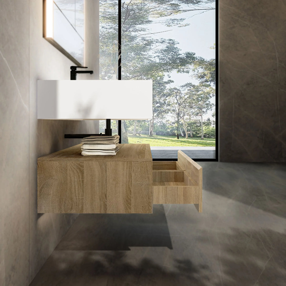 Aventino 60-inch Pure White flat-panel floating single-sink vanity — sintered stone top