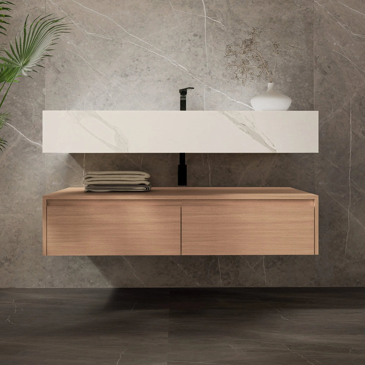 Aventino 60-inch White Carrara flat-panel floating single-sink vanity — sintered stone top