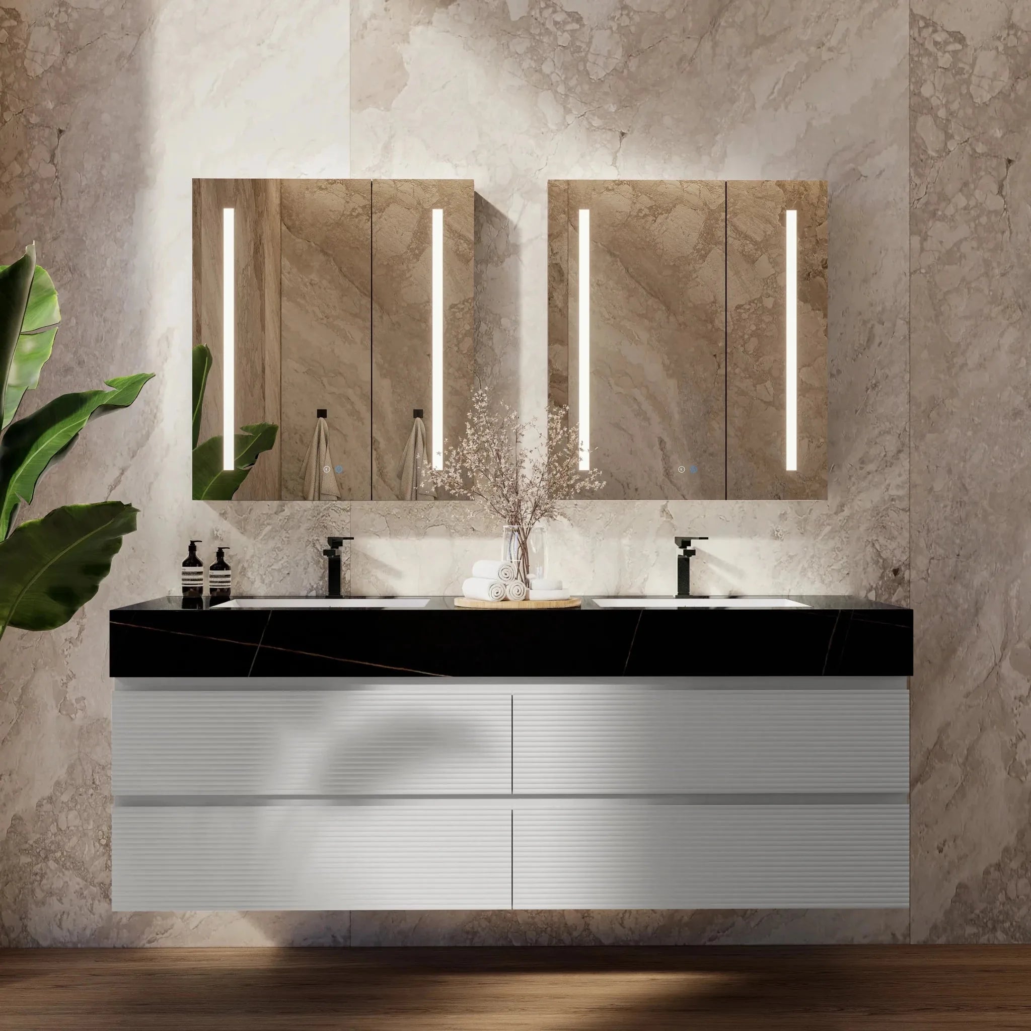 Aventino 60"–71" Light Grey Floating Double-Sink Vanity with Sintered Stone Top