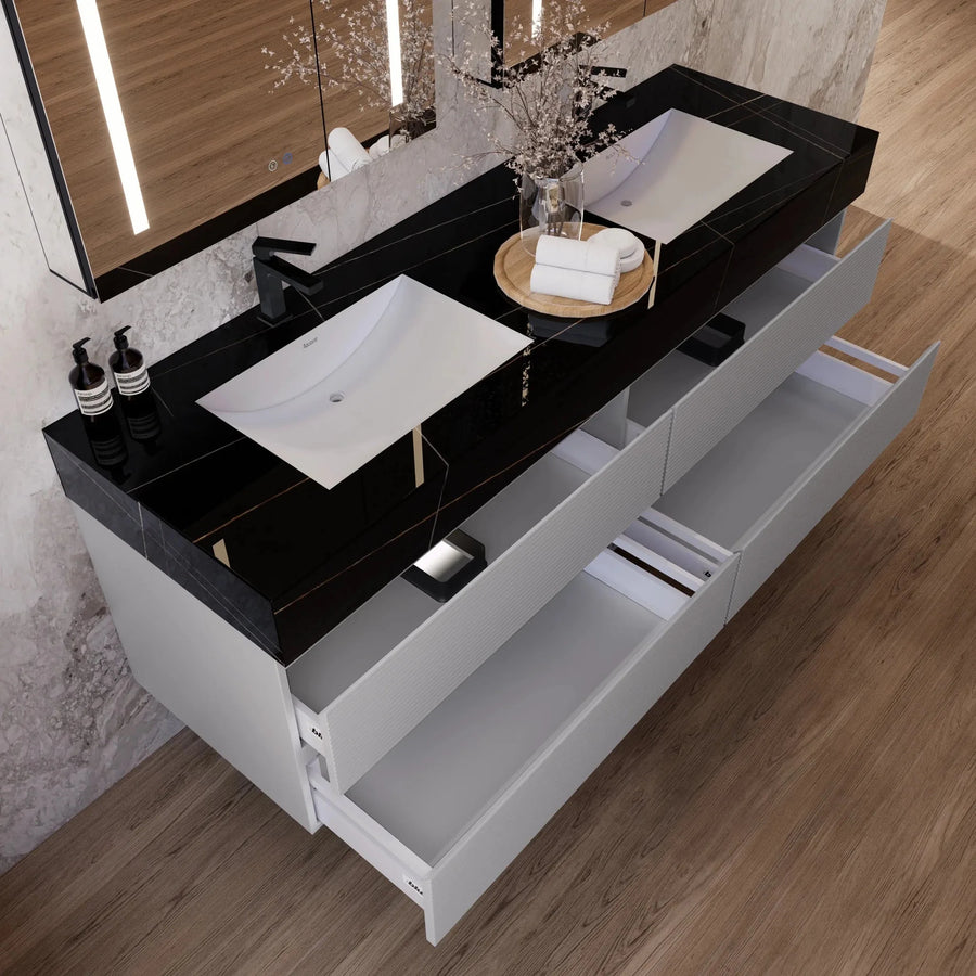 Aventino wall-mounted vanity — side profile showing floor clearance