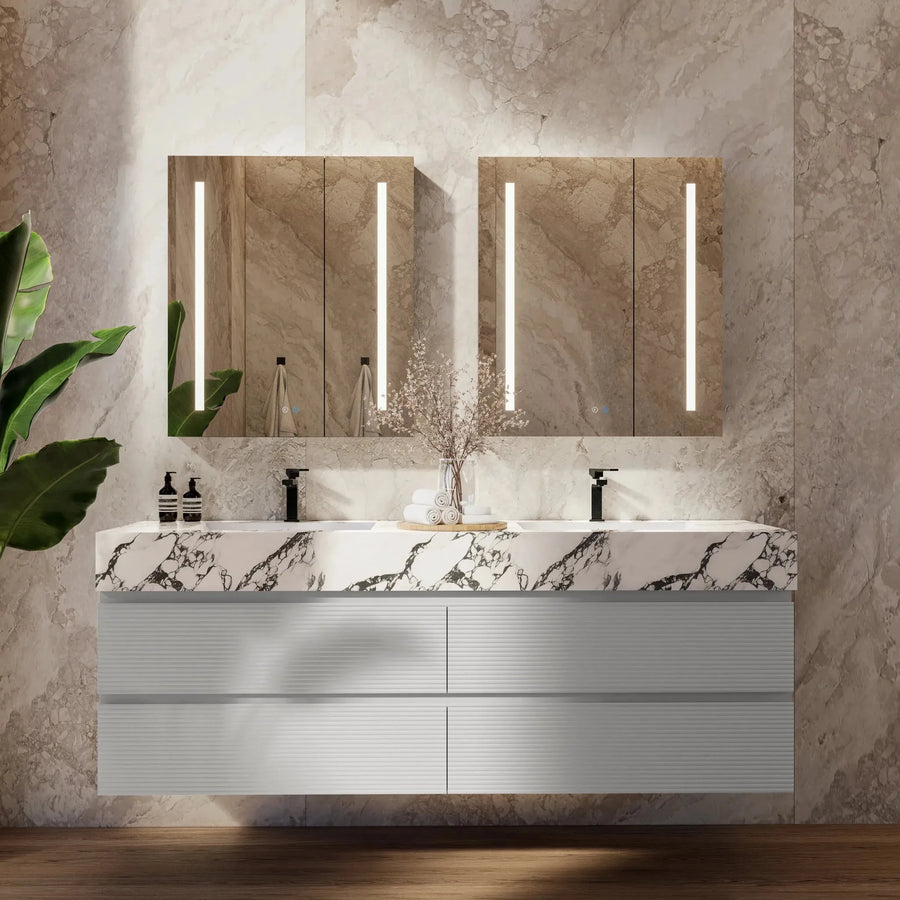 Aventino 60"–71" Light Grey Floating Double-Sink Vanity with Sintered Stone Top