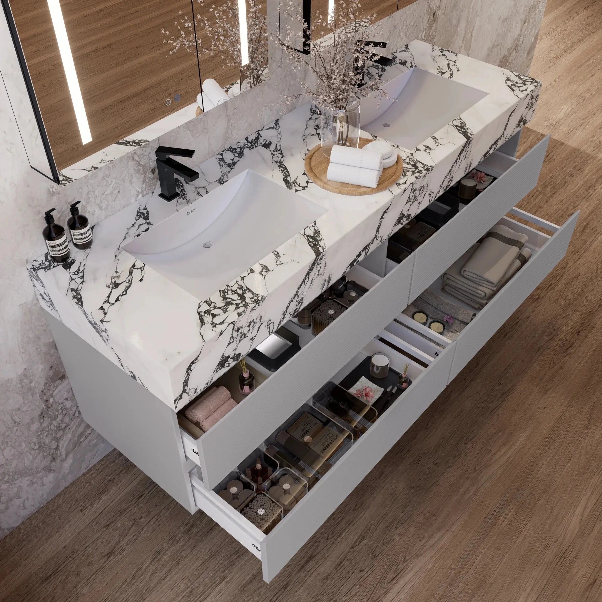 Aventino 60"–71" Light Grey Floating Double-Sink Vanity with Sintered Stone Top