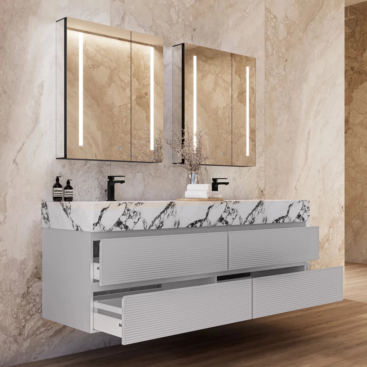 Aventino 60/71-inch light-grey floating double-sink vanity with calacatta black sintered stone top