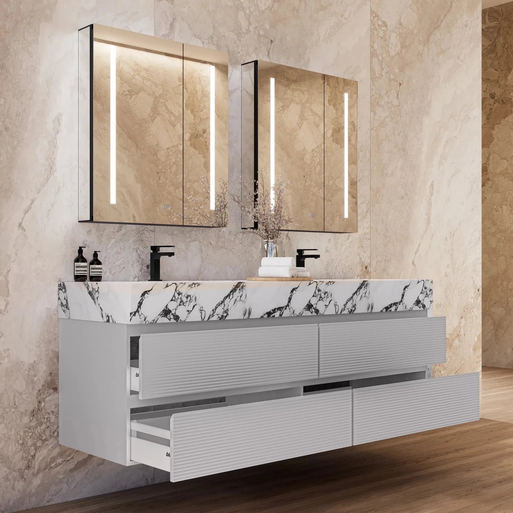 Aventino 60"–71" Light Grey Floating Double-Sink Vanity with Sintered Stone Top