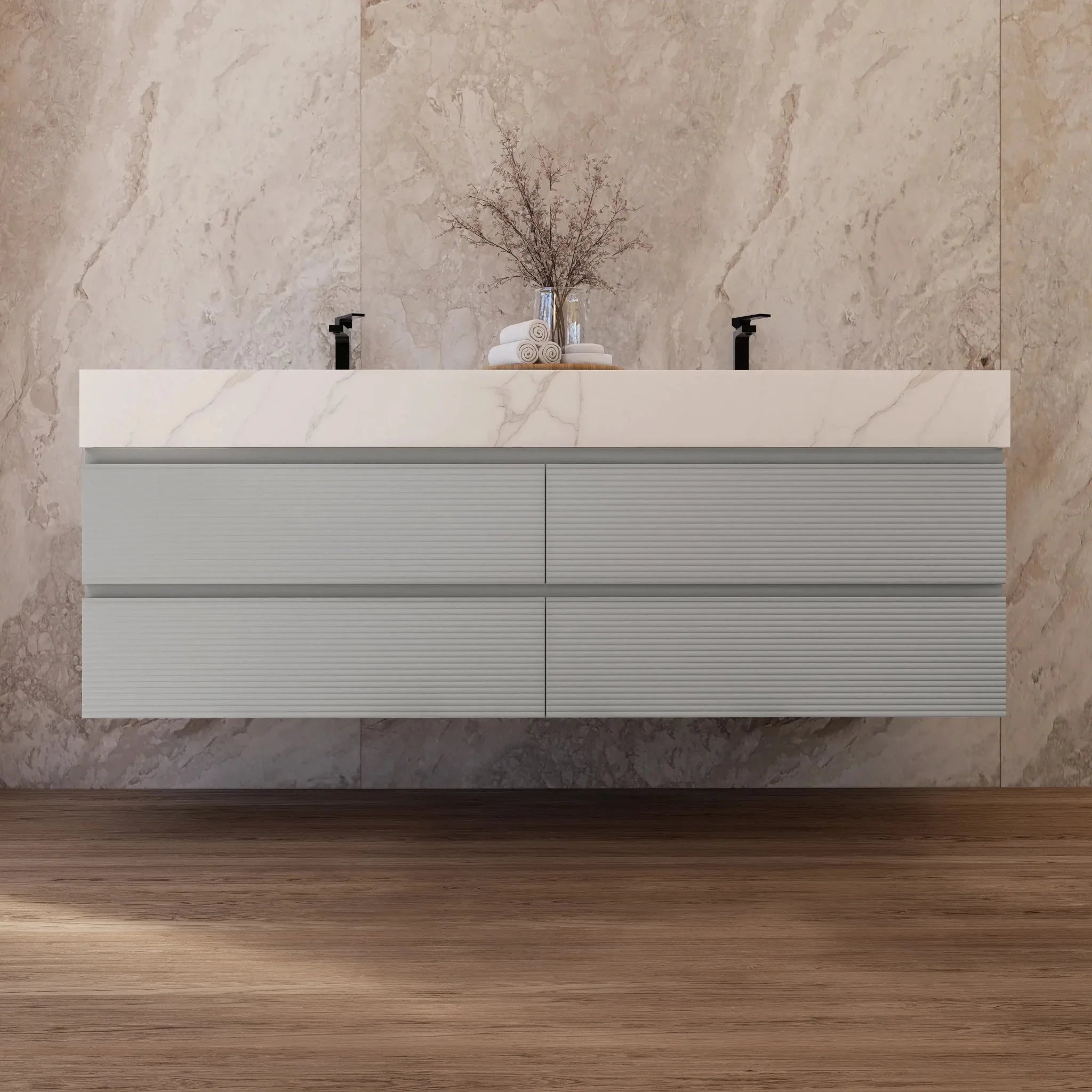 Aventino 60"–71" Light Grey Floating Double-Sink Vanity with Sintered Stone Top