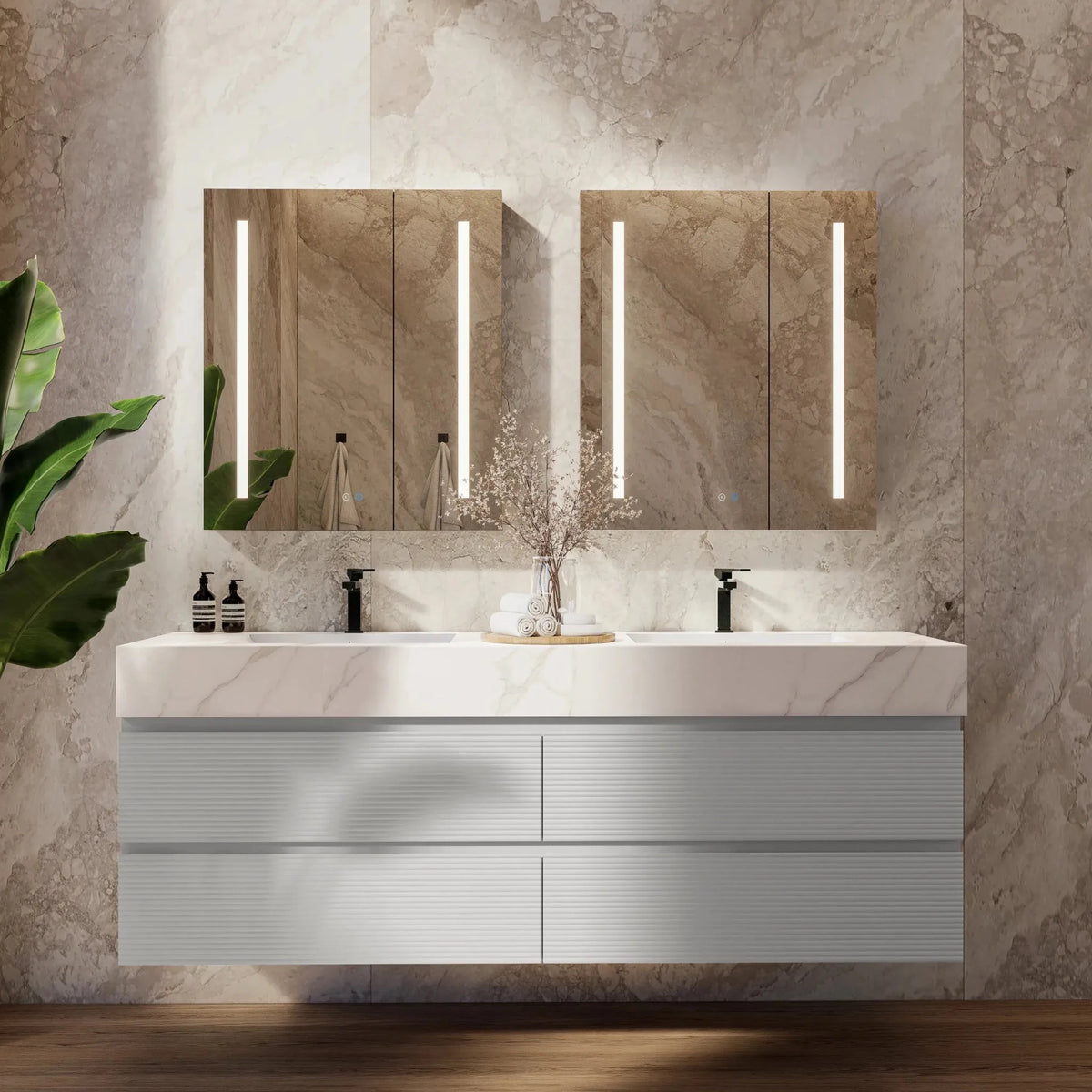 Aventino 60/71-inch light-grey floating double-sink vanity with calacatta gold sintered stone top