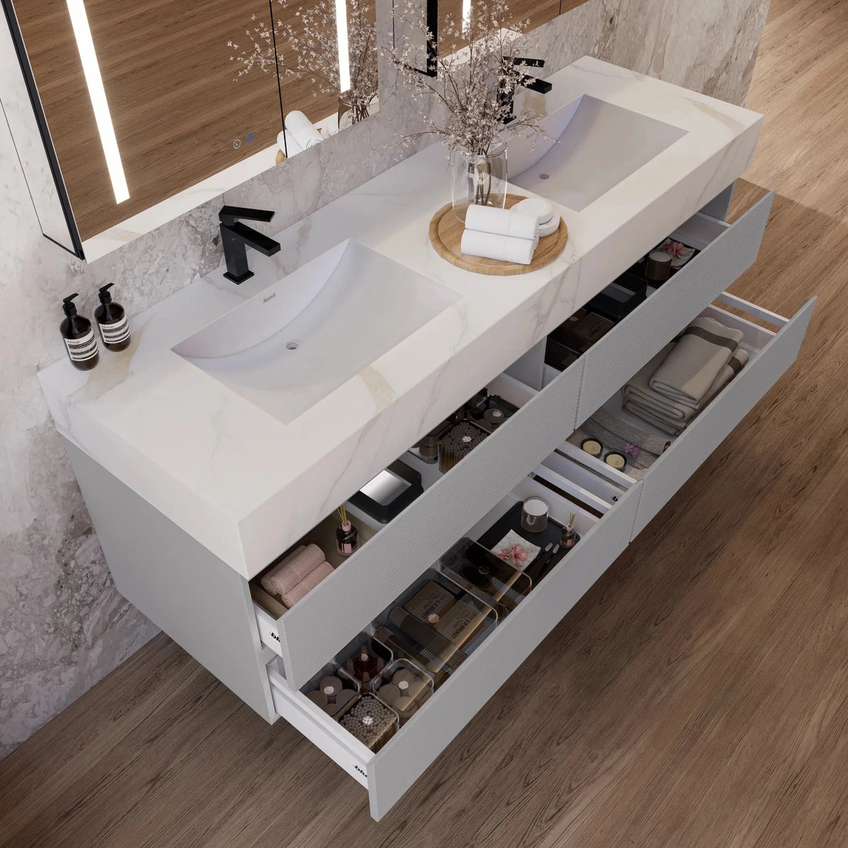 Aventino 60/71-inch light-grey floating double-sink vanity with calacatta gold sintered stone top