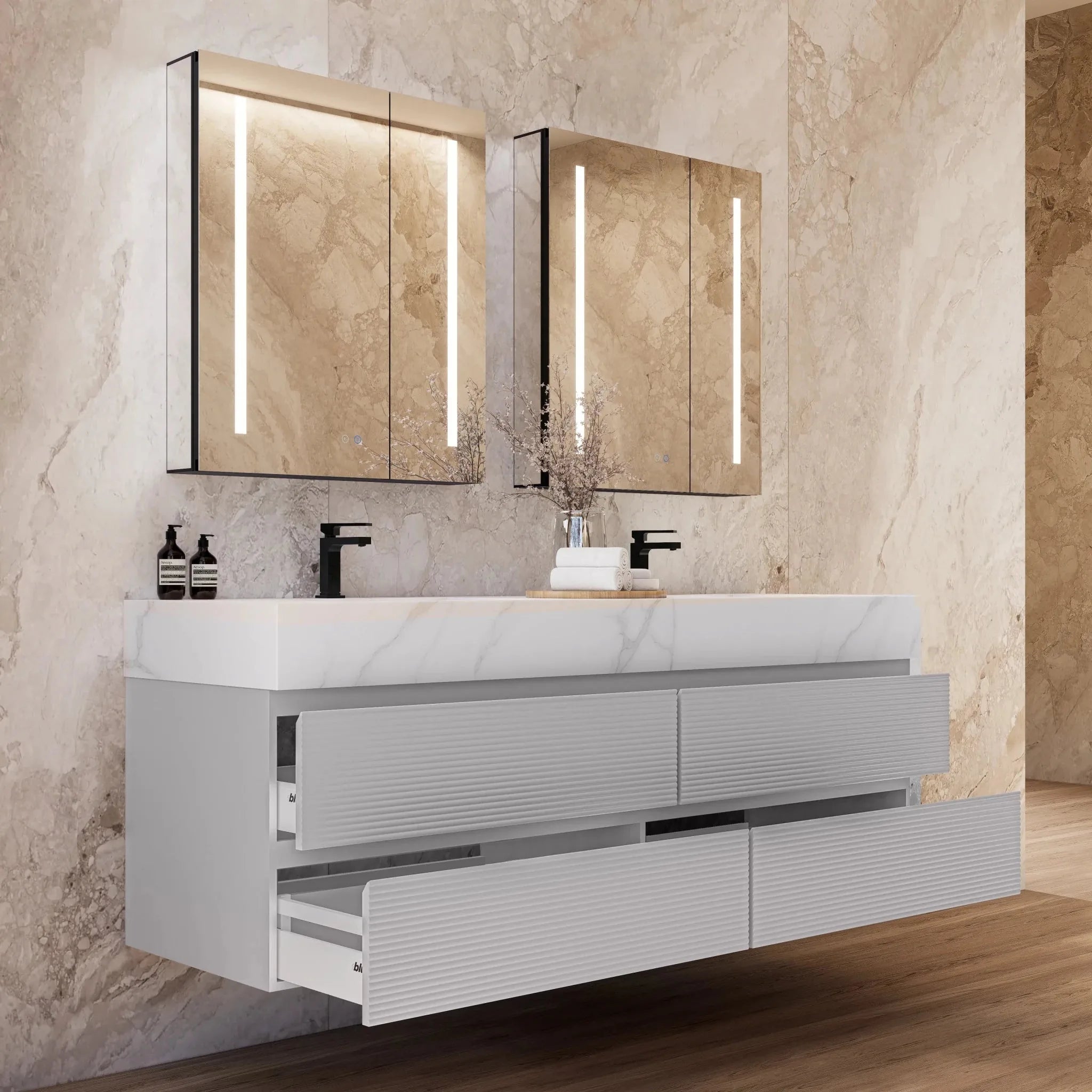 Aventino 60"–71" Light Grey Floating Double-Sink Vanity with Sintered Stone Top