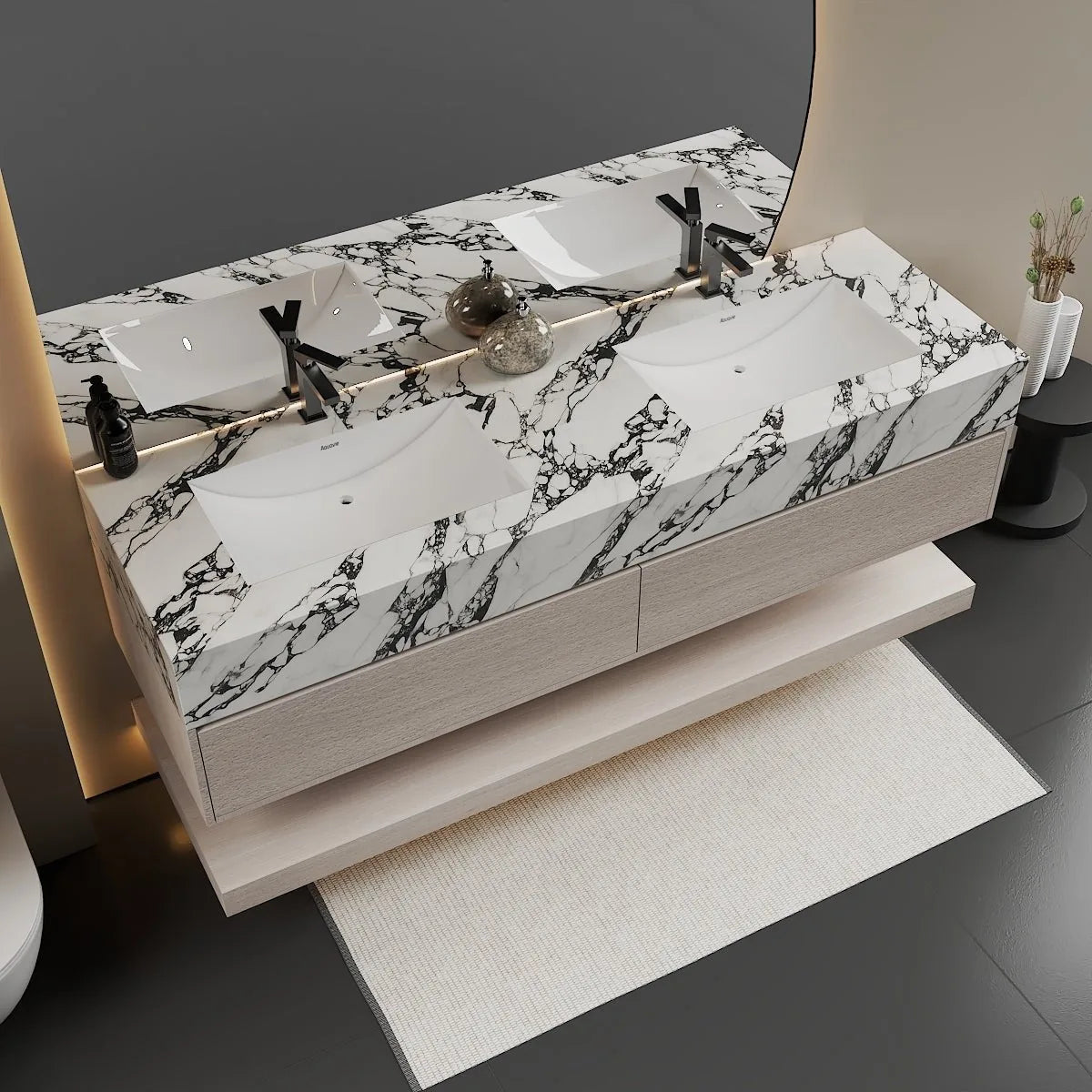 Aventino 60-71-inch flat-front floating double-sink vanity detail