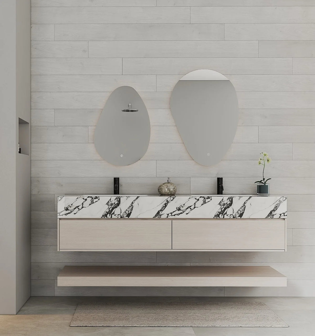 Aventino 60-71-inch flat-front floating double-sink vanity detail
