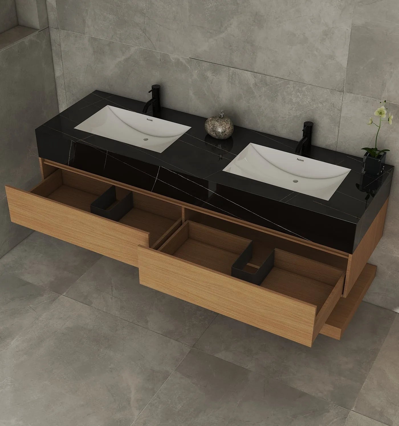 Aventino 60-71" Open-Shelf Floating Double-Sink Vanity with Sintered Stone Top