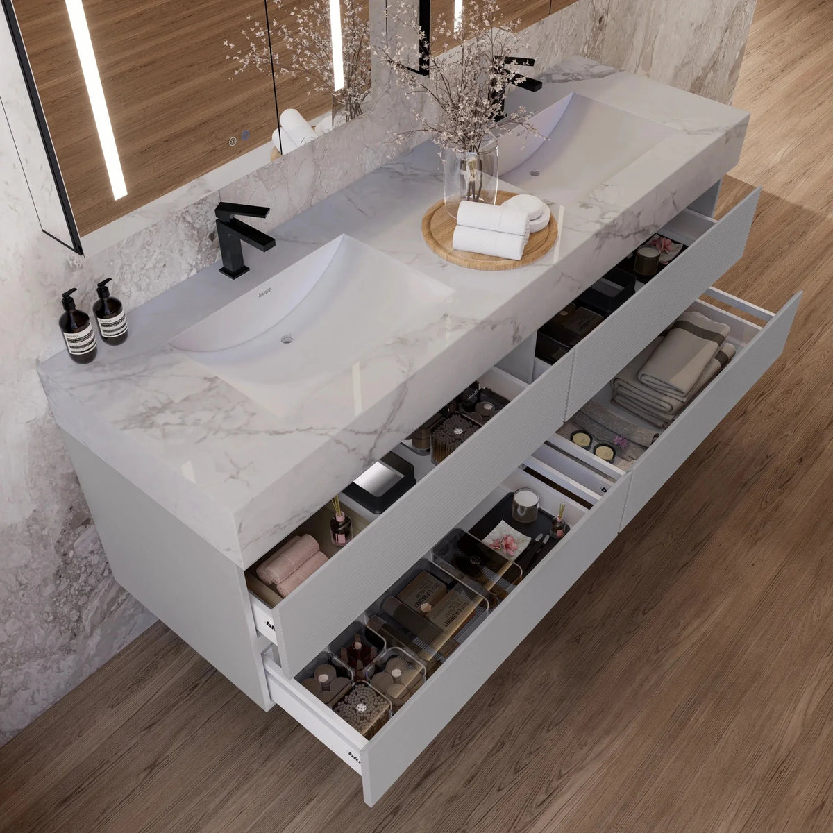 Aventino 60/71-inch light-grey floating double-sink vanity with ice grey sintered stone top