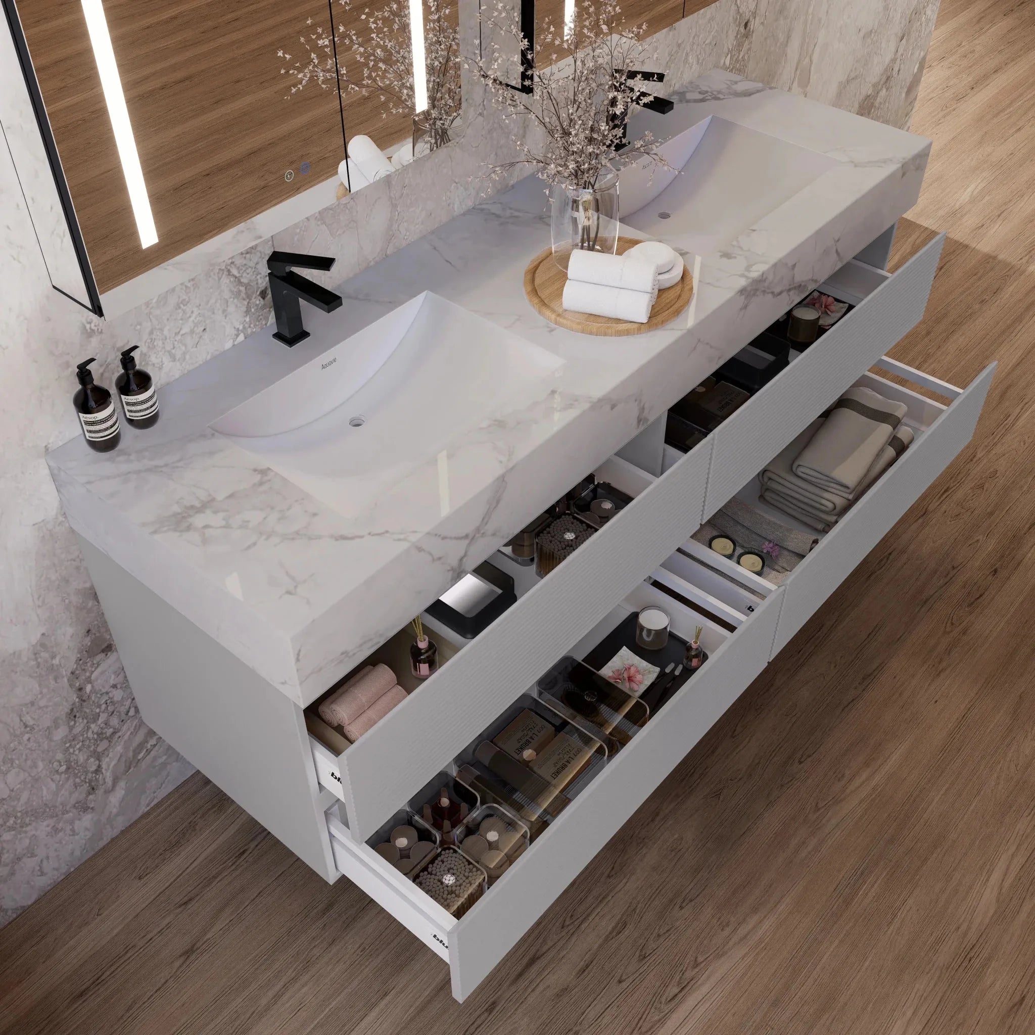 Aventino 60"–71" Light Grey Floating Double-Sink Vanity with Sintered Stone Top