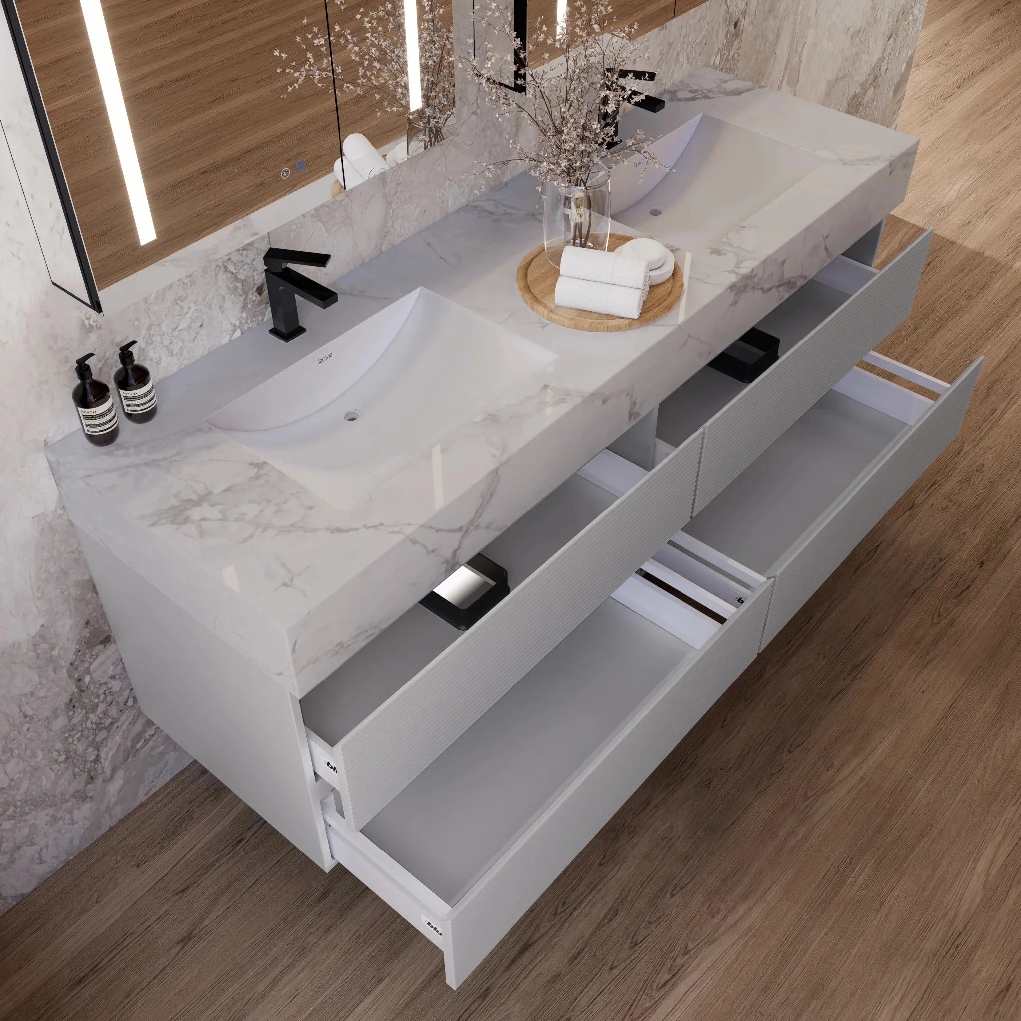 Aventino 60"–71" Light Grey Floating Double-Sink Vanity with Sintered Stone Top
