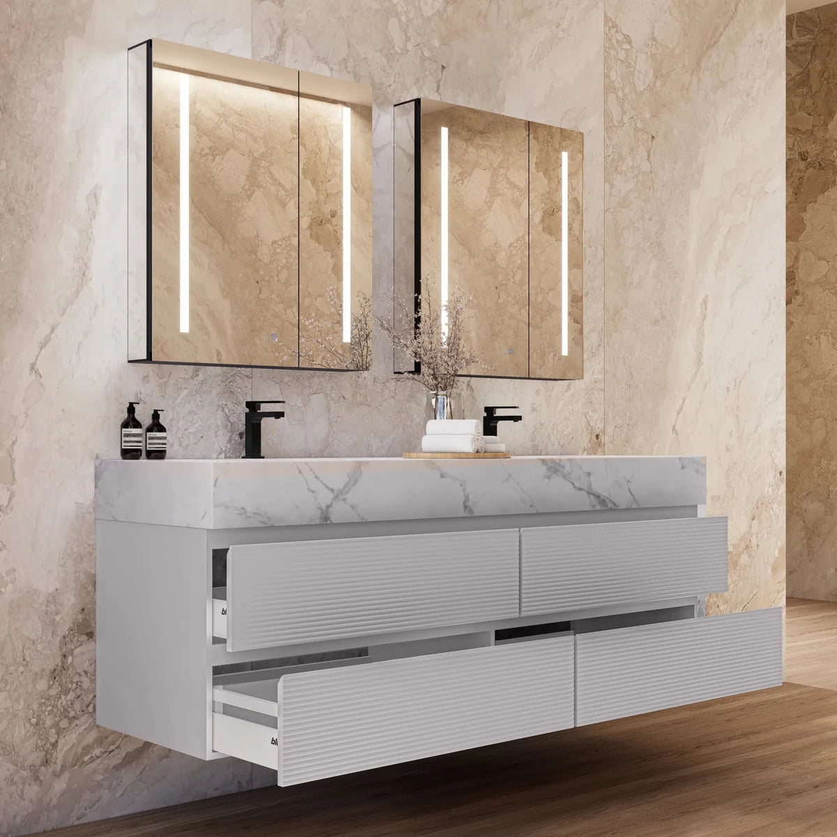 Aventino 60/71-inch light-grey floating double-sink vanity with ice grey sintered stone top