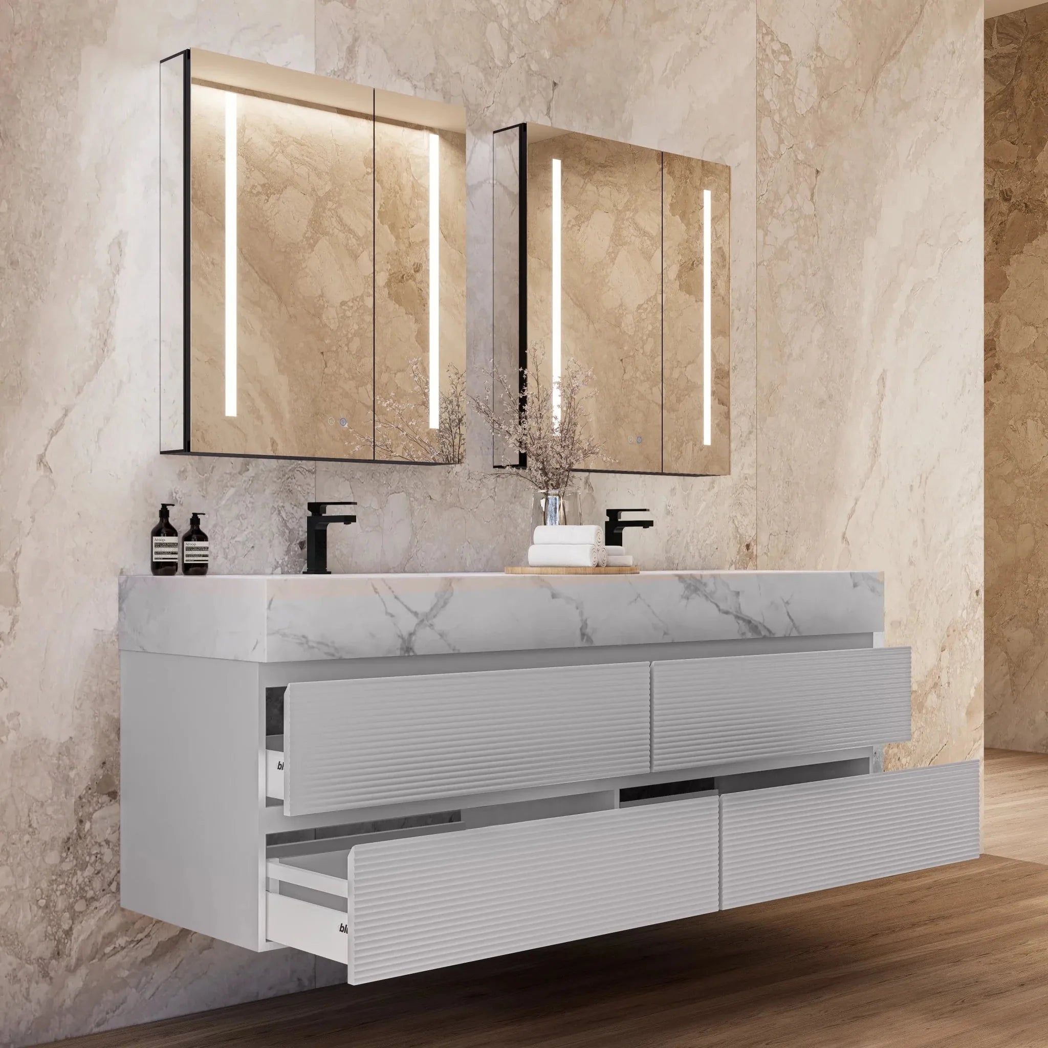 Aventino 60"–71" Light Grey Floating Double-Sink Vanity with Sintered Stone Top