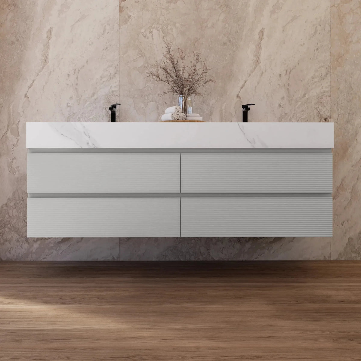 Aventino 60/71-inch light-grey floating double-sink vanity with white carrara sintered stone top