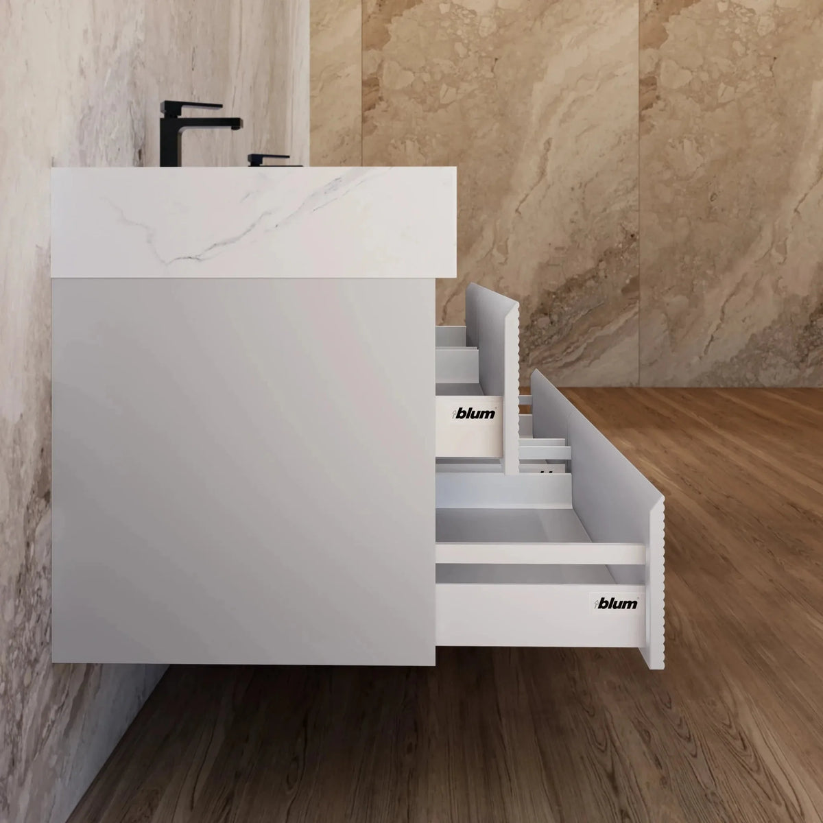 Aventino 60/71-inch light-grey floating double-sink vanity with white carrara sintered stone top