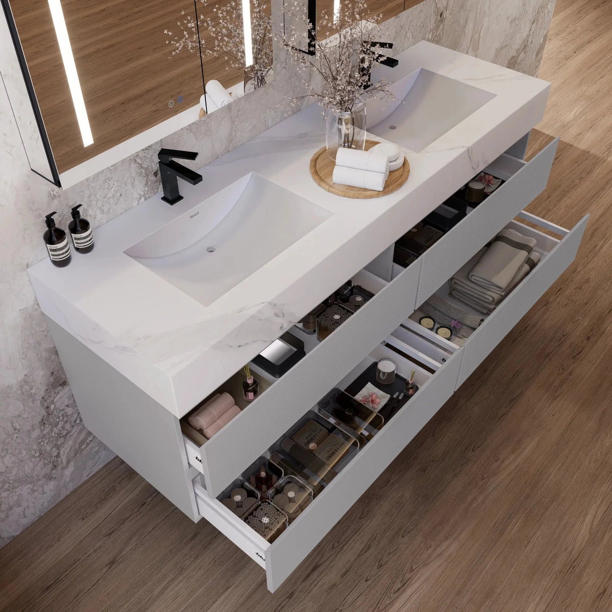 Aventino 60/71-inch light-grey floating double-sink vanity with white carrara sintered stone top