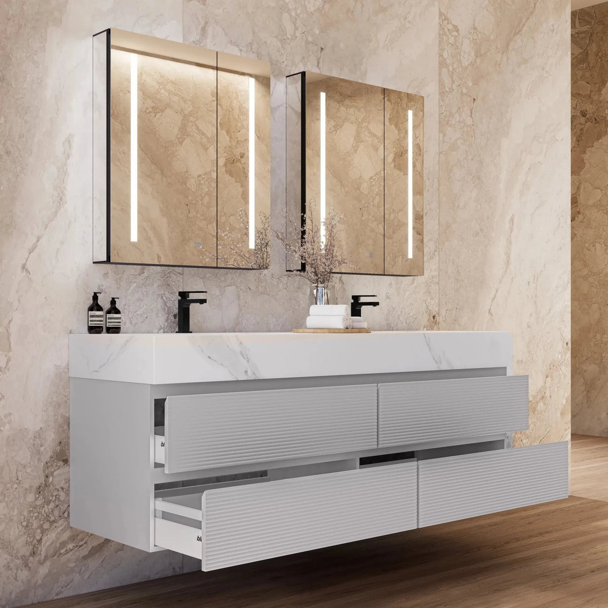 Aventino 60/71-inch light-grey floating double-sink vanity with white carrara sintered stone top