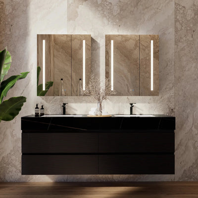 Aventino 60-inch Black Marquina Gold Veins fluted floating double-sink vanity — sintered stone top
