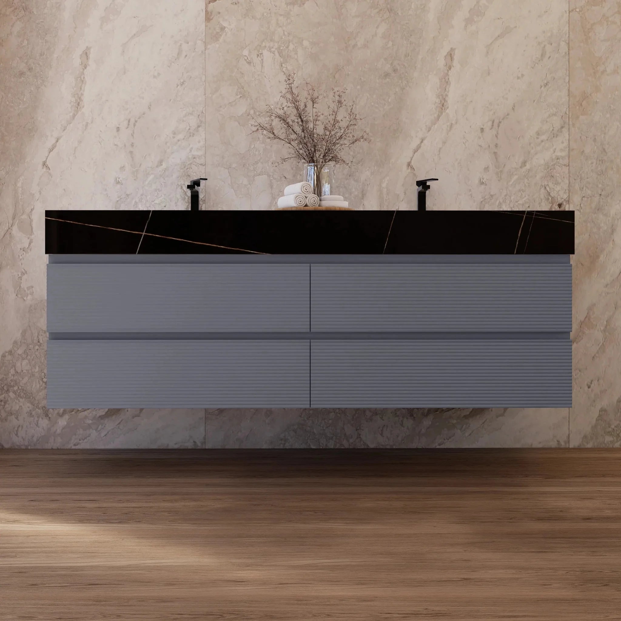 Aventino 60"/71" Dark Grey Fluted Floating Double-Sink Vanity with Sintered Stone Top