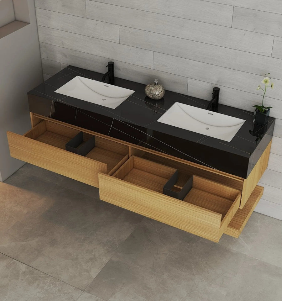 Aventino 60" Natural Oak Floating Double-Sink Vanity with Sintered Stone Top