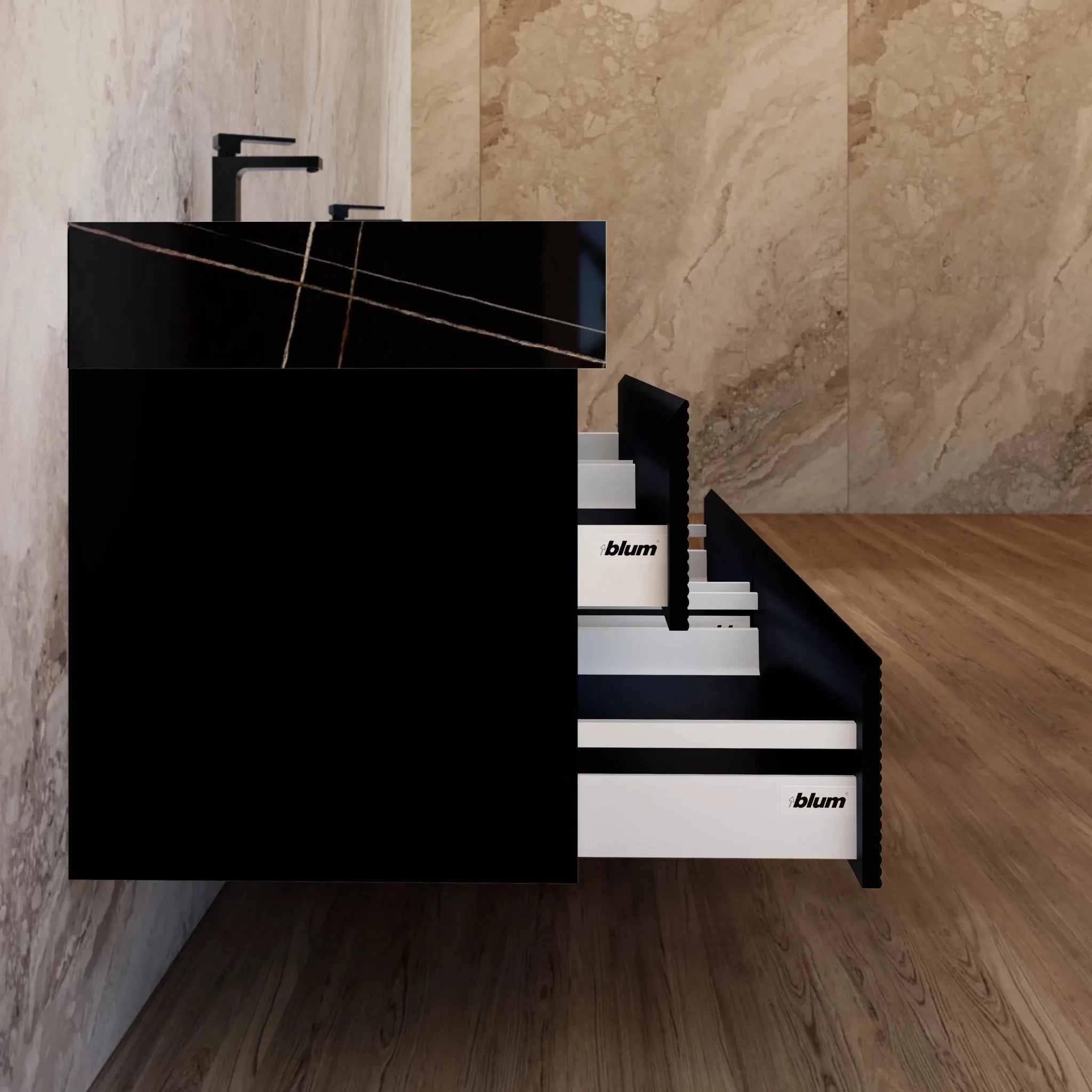 Aventino 60" Black Fluted Floating Double-Sink Vanity with Sintered Stone Top