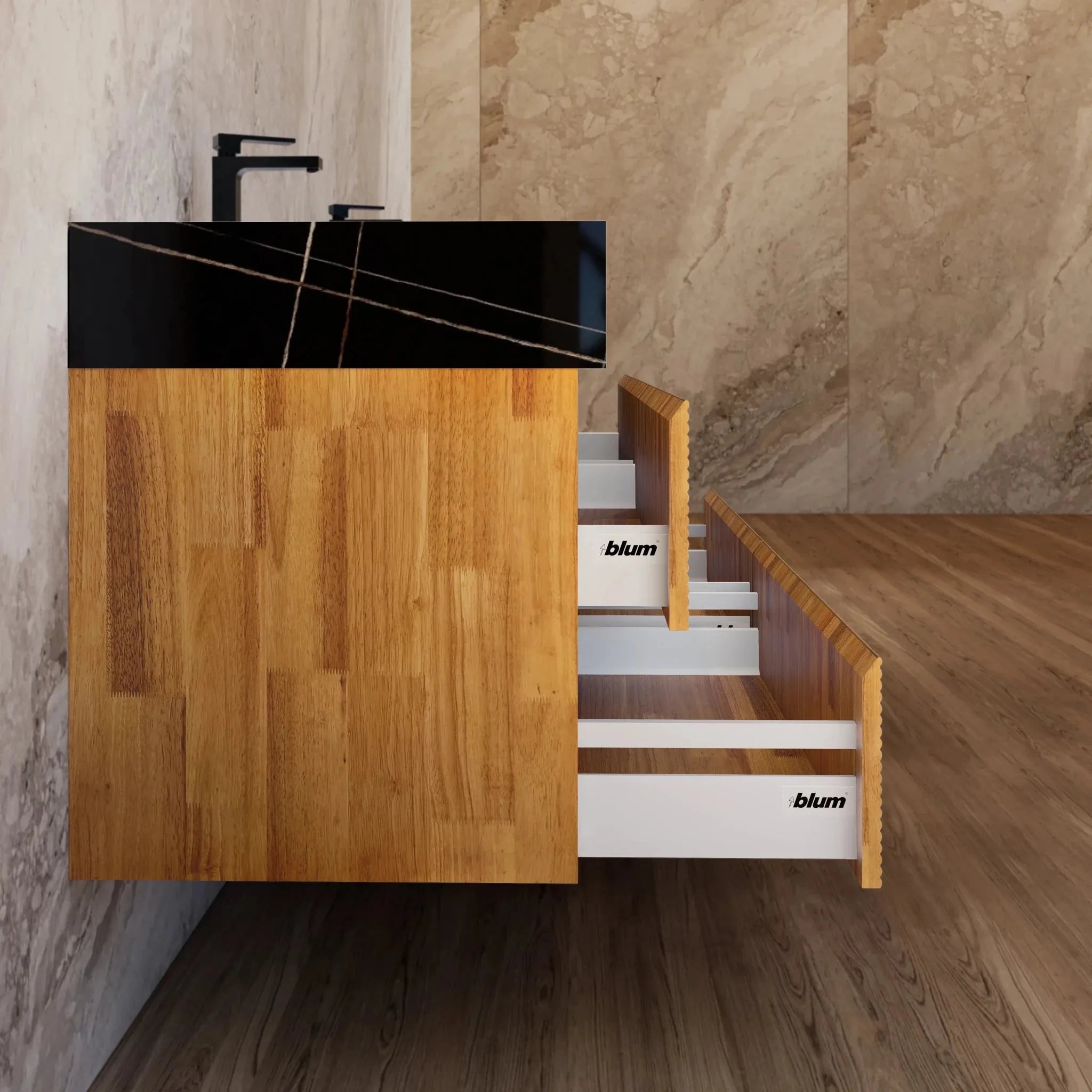 Aventino 60" Oak Fluted Floating Double-Sink Vanity with Sintered Stone Top