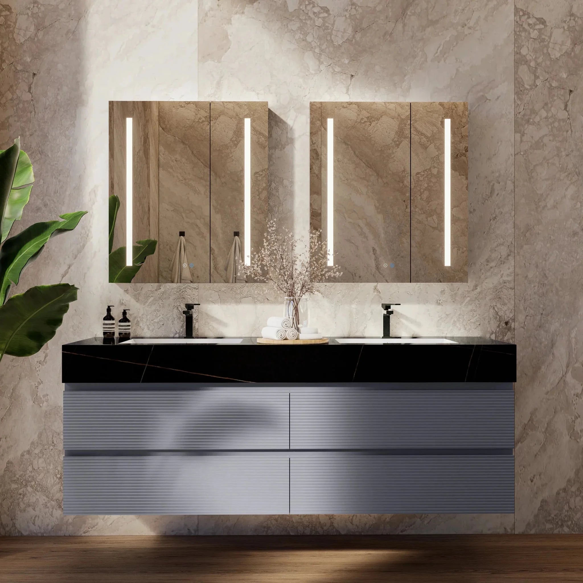Aventino 60"/71" Dark Grey Fluted Floating Double-Sink Vanity with Sintered Stone Top