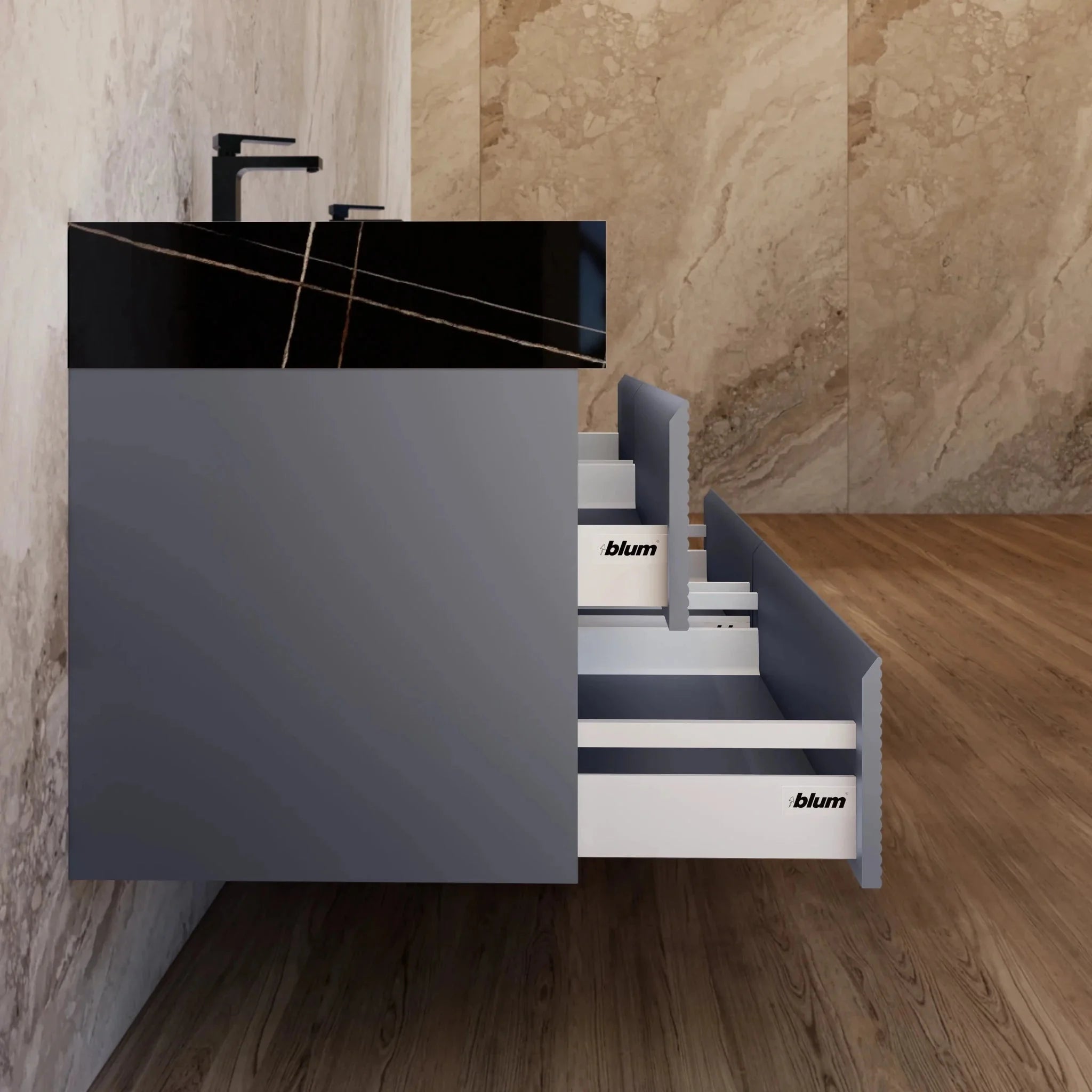 Aventino 60"/71" Dark Grey Fluted Floating Double-Sink Vanity with Sintered Stone Top