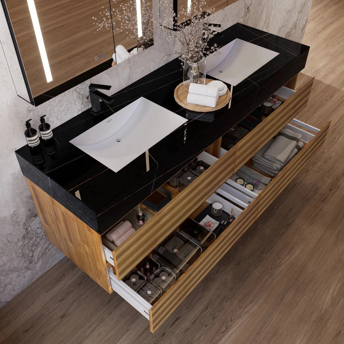 Aventino 60-inch natural-oak fluted floating double-sink vanity with black marquina sintered stone top