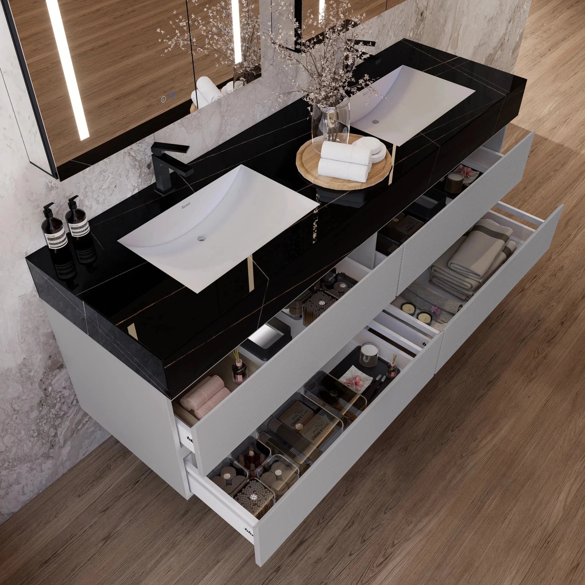 Aventino 60"/71" Light Grey Fluted Floating Double-Sink Vanity with Sintered Stone Top