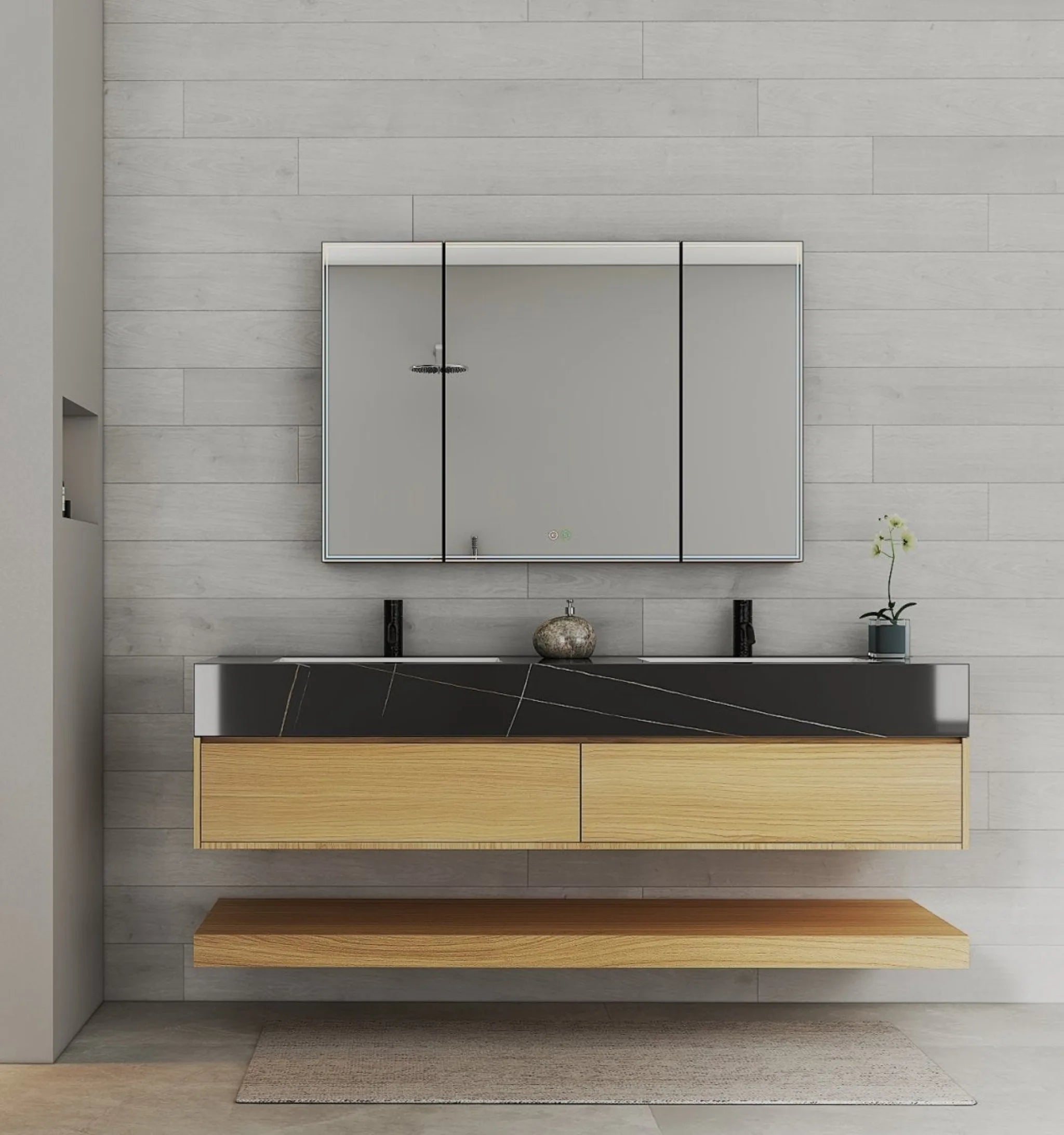 Aventino 60" Natural Oak Floating Double-Sink Vanity with Sintered Stone Top