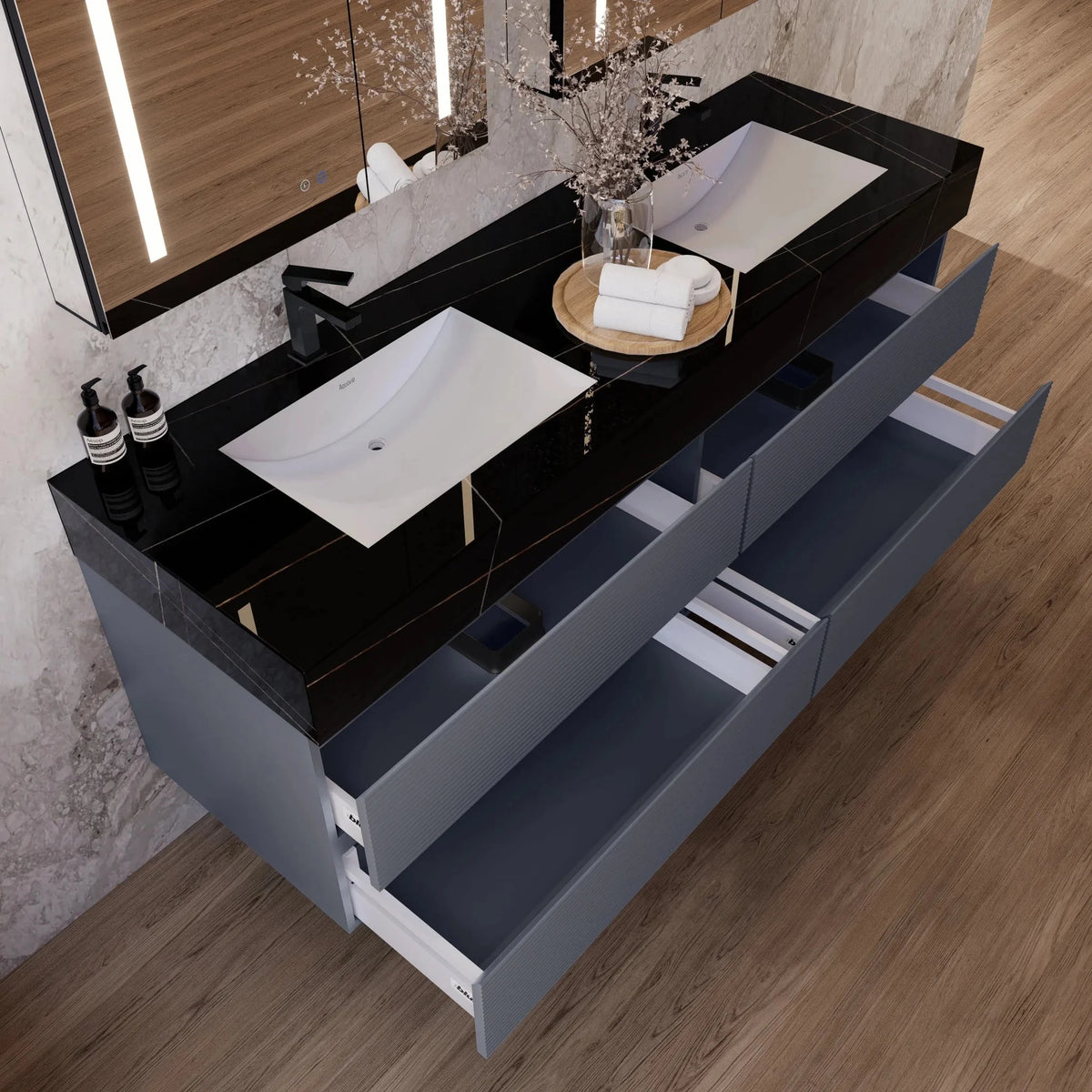 Aventino 60-inch Black Marquina fluted floating double-sink vanity — sintered stone top