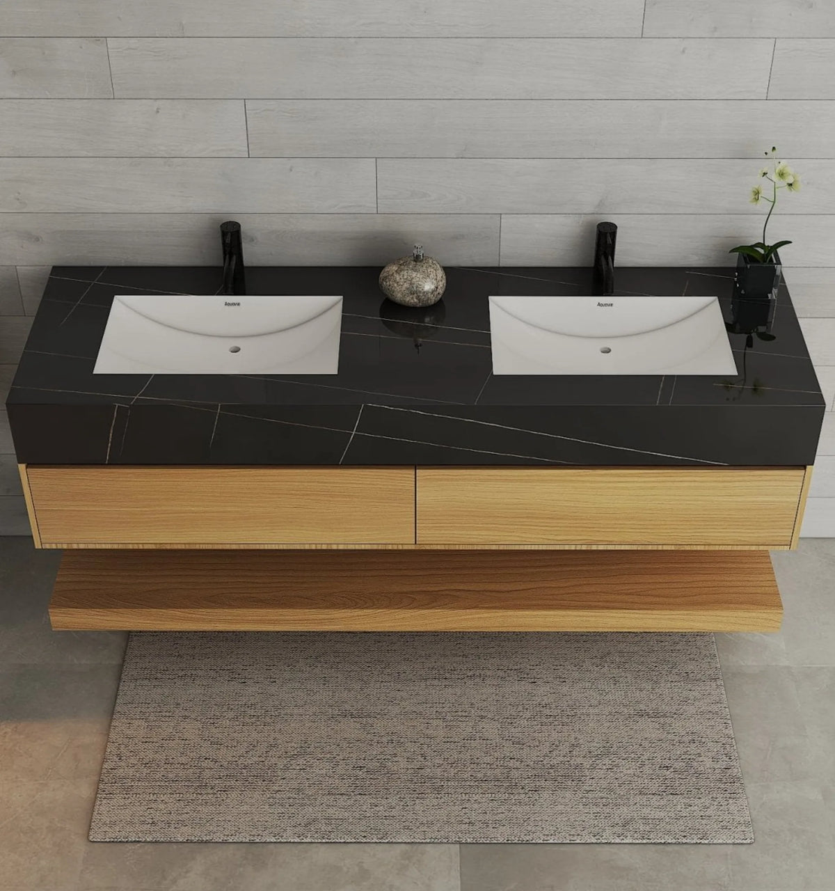 Aventino 60-inch Black Marquina flat-panel floating double-sink vanity — sintered stone top