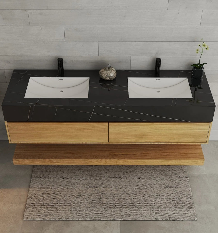 Aventino 60" Natural Oak Floating Double-Sink Vanity with Sintered Stone Top