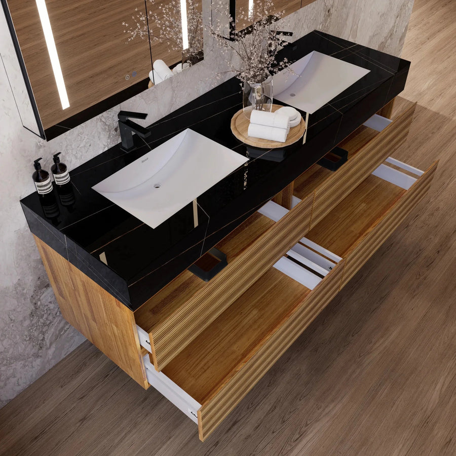 Aventino 60" Oak Fluted Floating Double-Sink Vanity with Sintered Stone Top